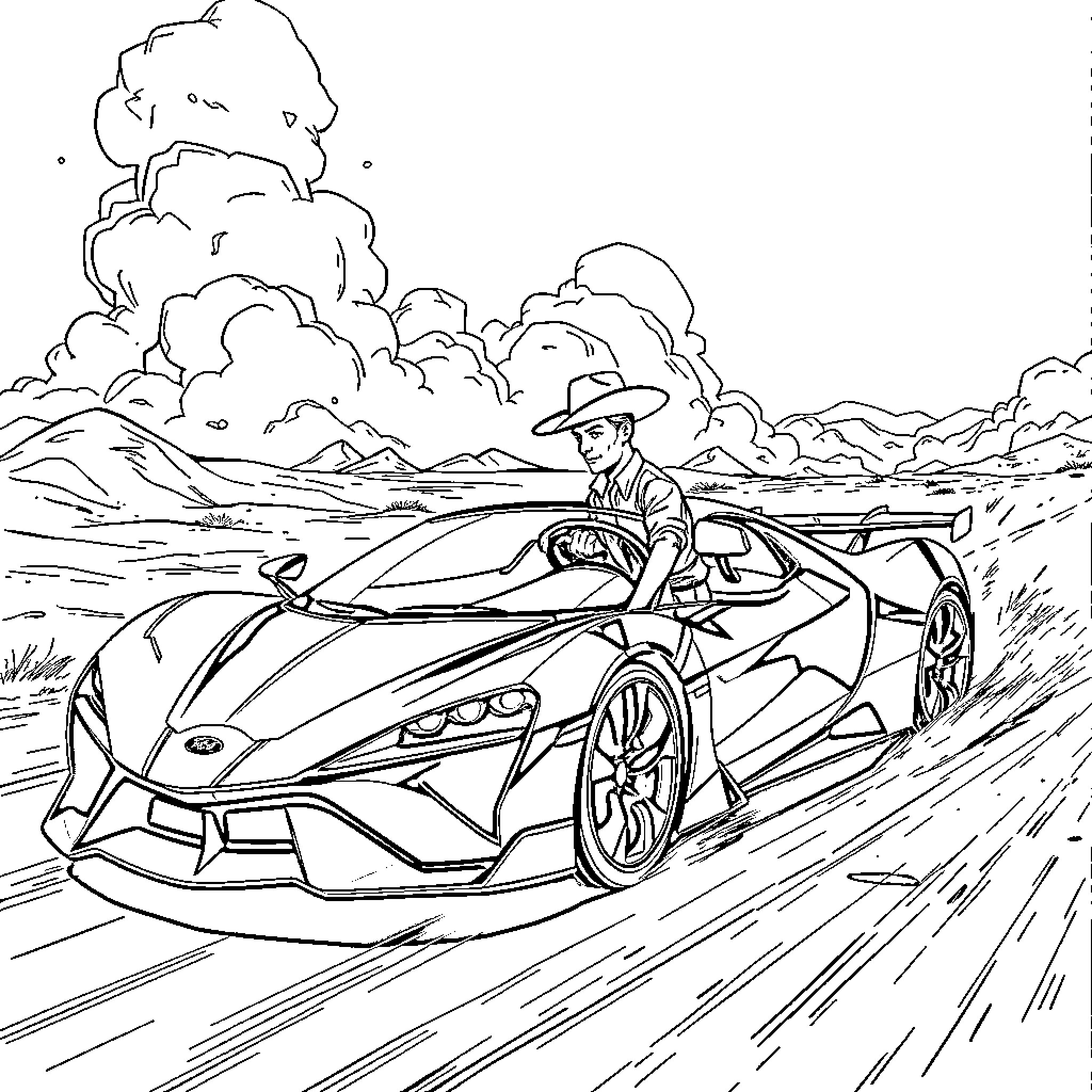 Cowboy driving a futuristic sports car Coloring Page (free black-and-white line drawing printable PDF for all, from beginners to advanced learners, including children, teens, adults, and seniors)