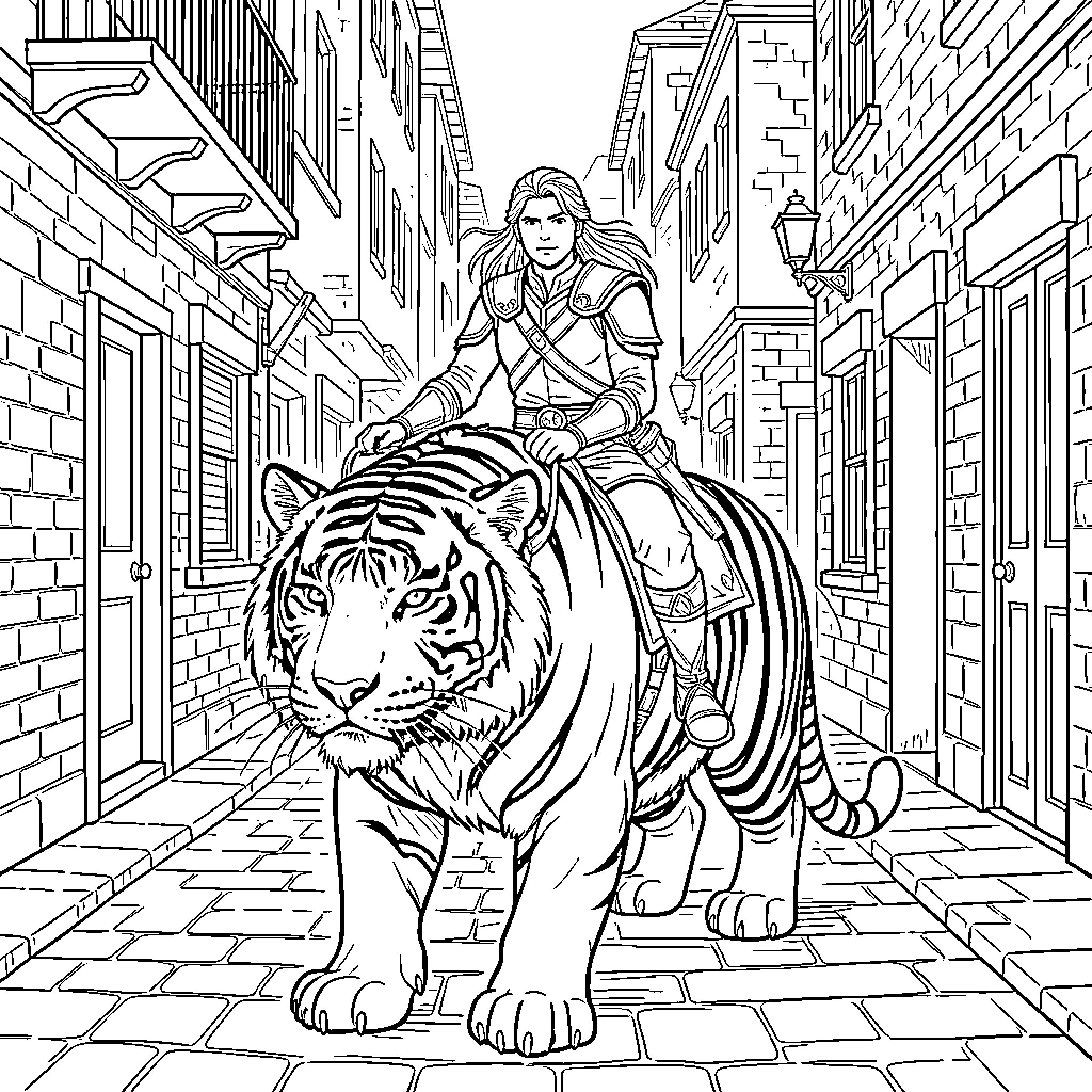 Legolas riding a large tiger through a narrow street Coloring Page (free black-and-white line drawing printable PDF for all, from beginners to advanced learners, including children, teens, adults, and seniors)