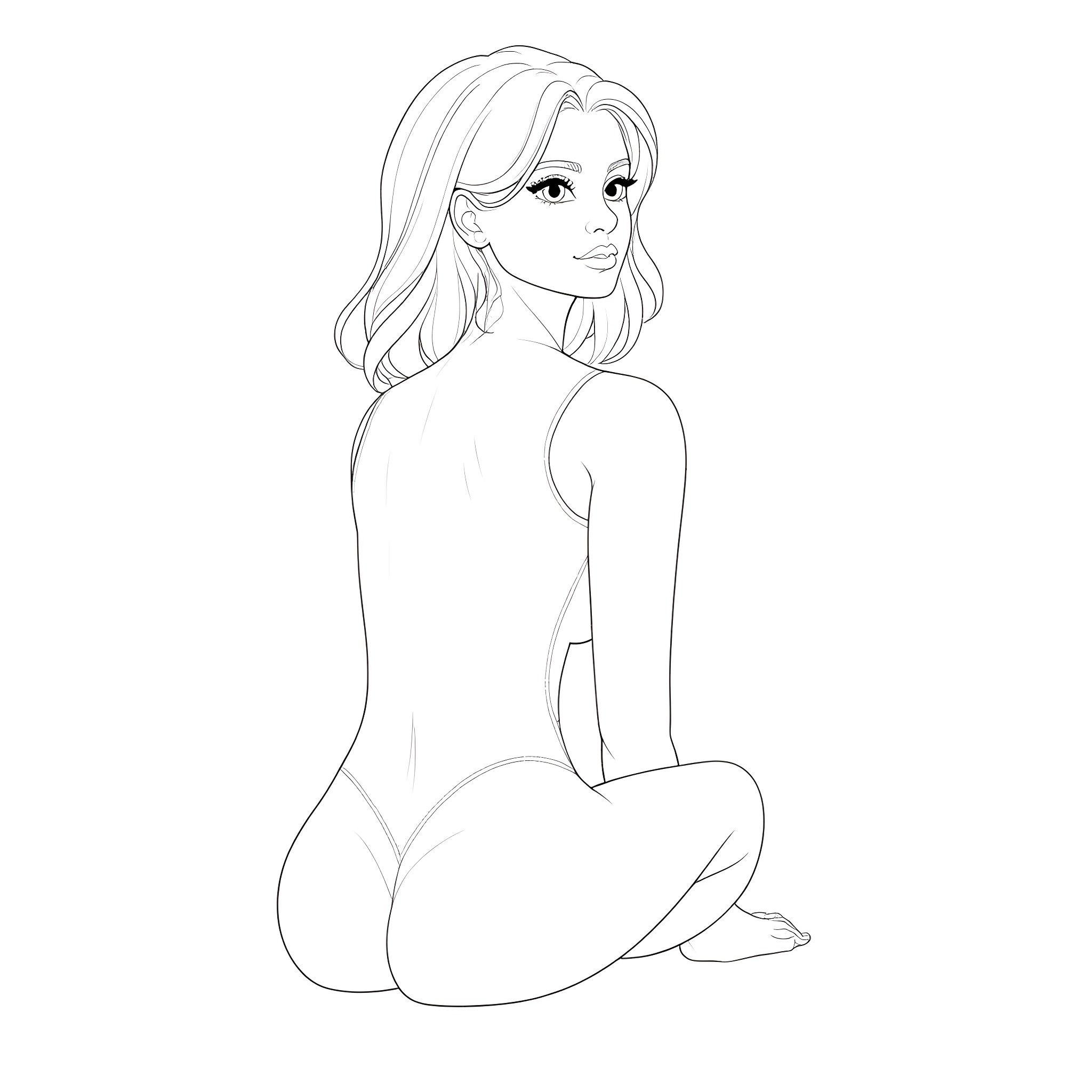 Girl sitting with her legs crossed Coloring Page (free black-and-white line drawing printable PDF for all, from beginners to advanced learners, including children, teens, adults, and seniors)