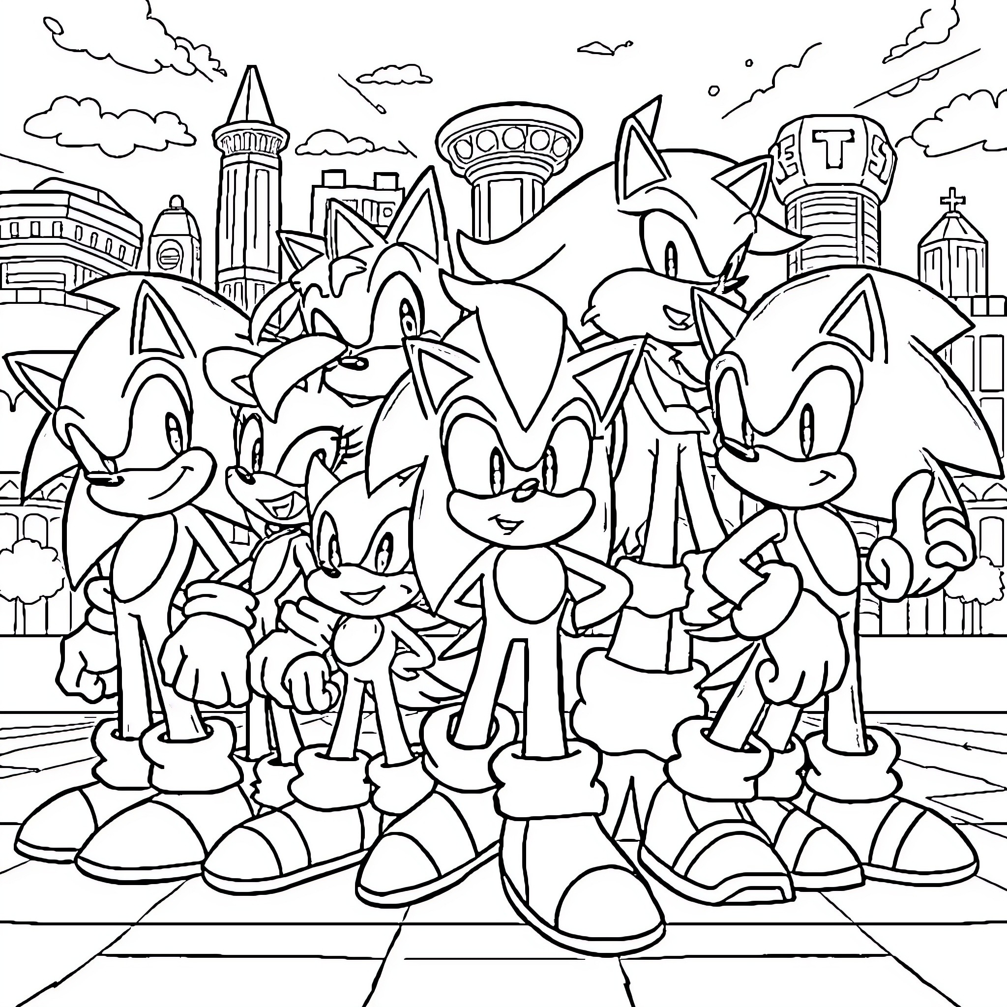 Sonic and Friends in a Playful City Adventure Coloring Page (free black-and-white line drawing printable PDF for all, from beginners to advanced learners, including children, teens, adults, and seniors)
