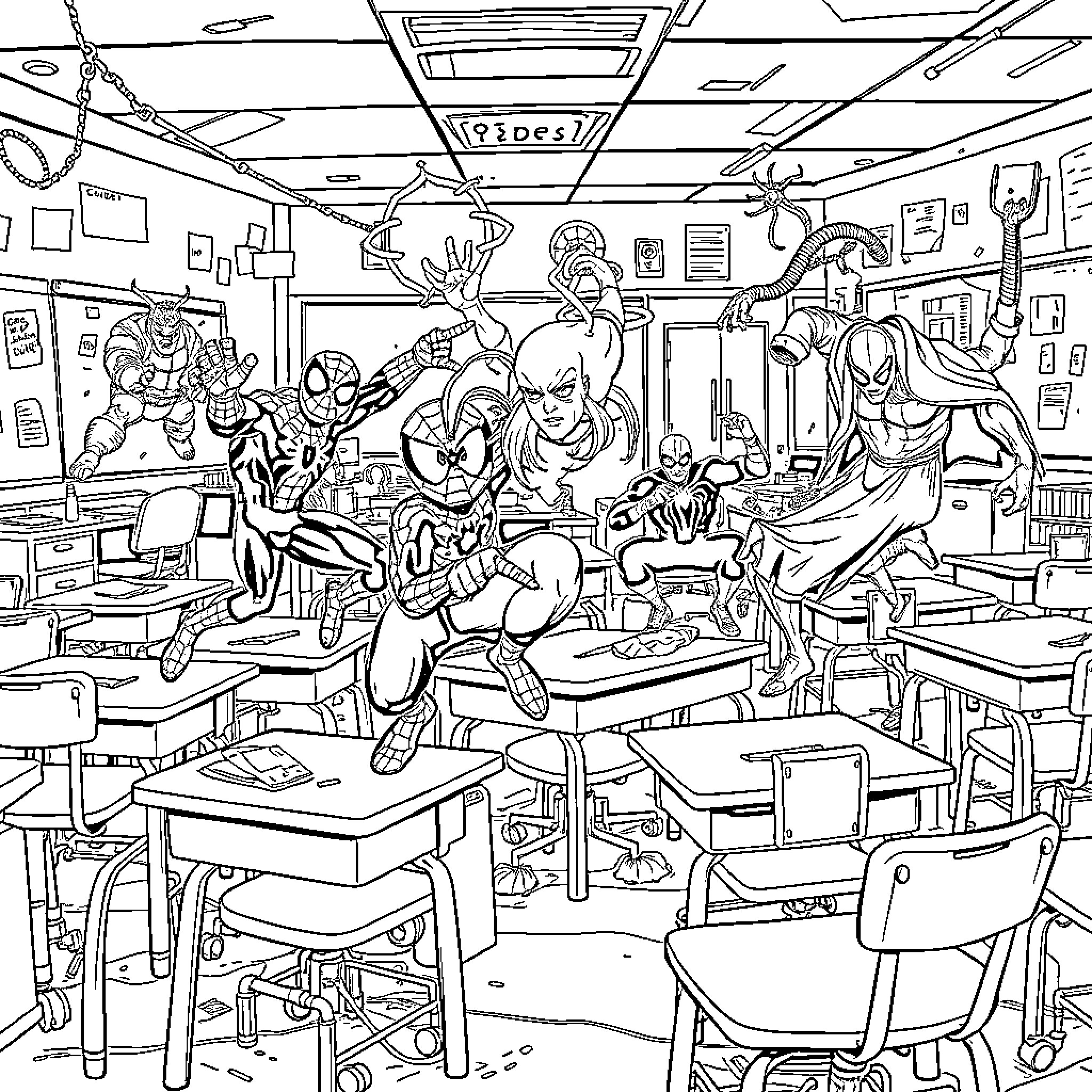 Spiderman and friends engage in lively classroom antics Coloring Page (free black-and-white line drawing printable PDF for all, from beginners to advanced learners, including children, teens, adults, and seniors)