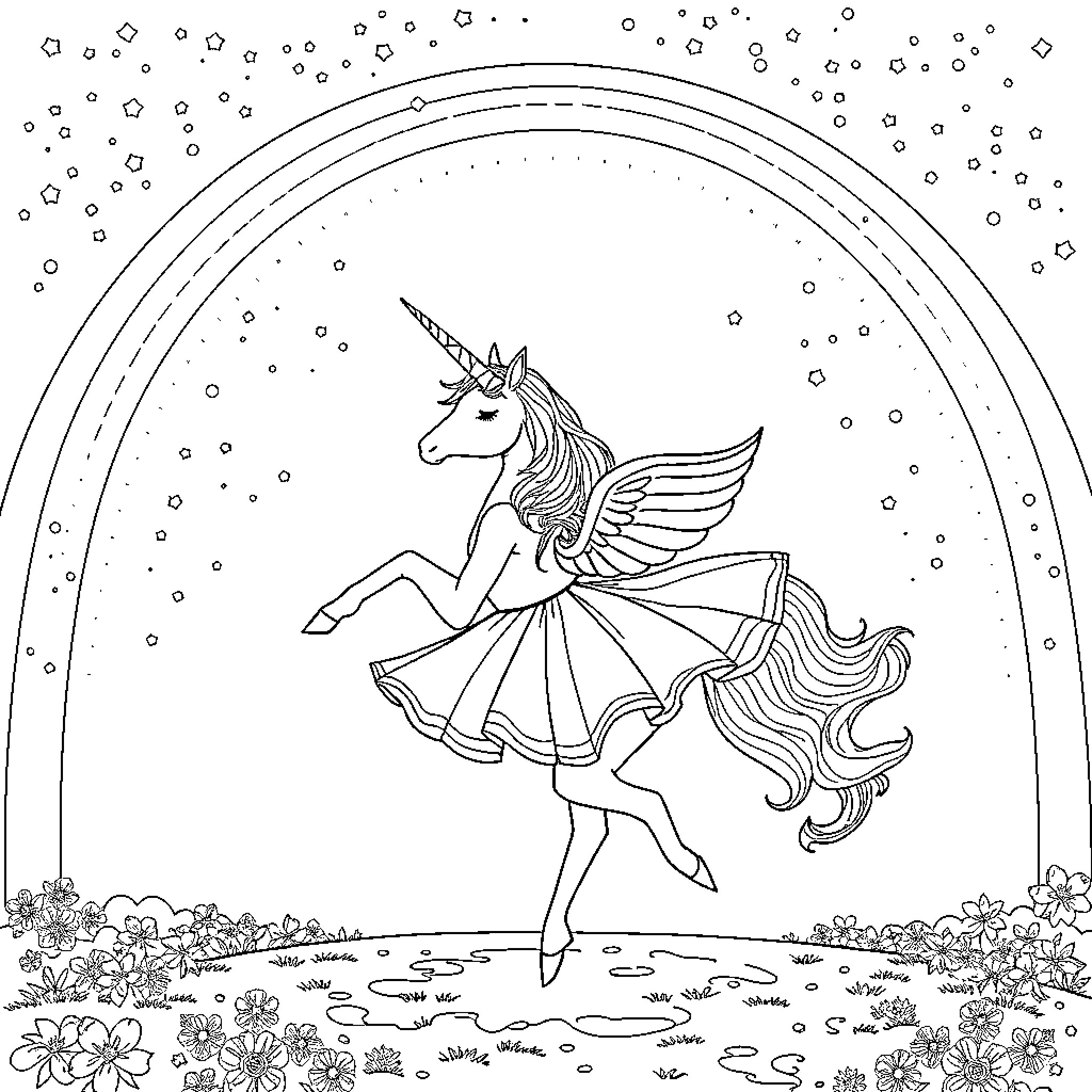 Unicorn Dancing Gracefully in Enchanting Meadow Coloring Page (free black-and-white line drawing printable PDF for all, from beginners to advanced learners, including children, teens, adults, and seniors)