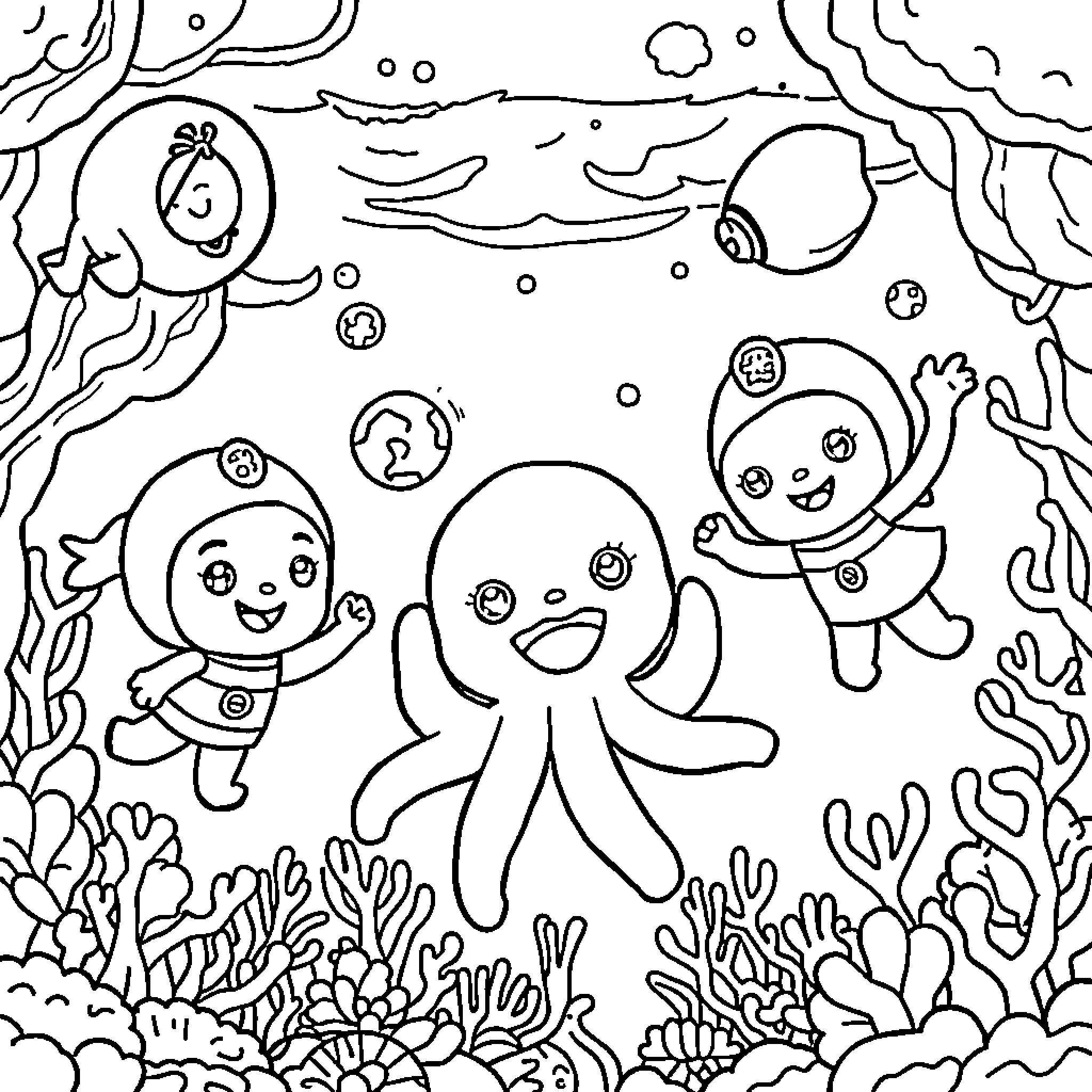 Octonauts exploring the underwater world Coloring Page (free black-and-white line drawing printable PDF for all, from beginners to advanced learners, including children, teens, adults, and seniors)