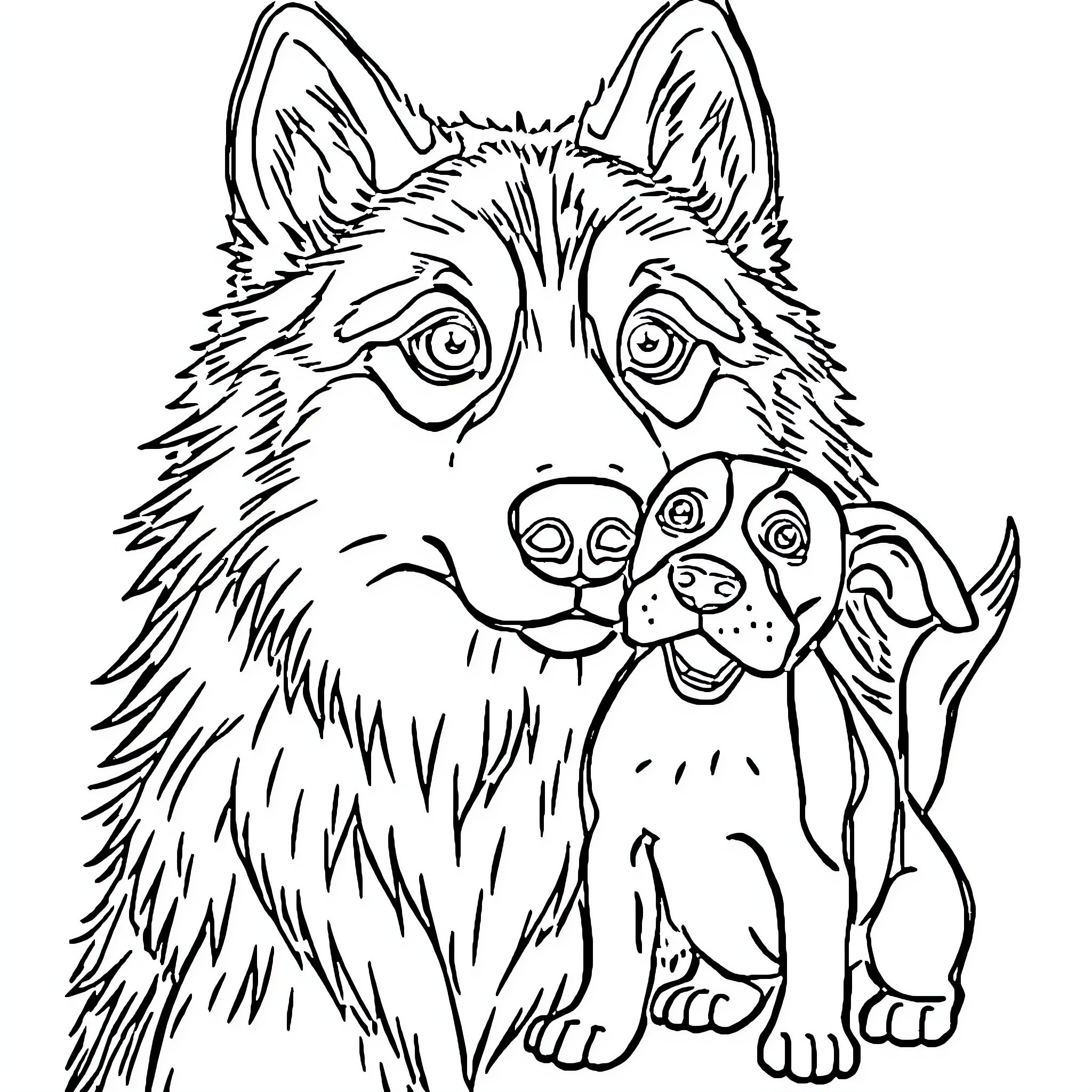 Dog with a playful puppy companion Coloring Page (free black-and-white line drawing printable PDF for all, from beginners to advanced learners, including children, teens, adults, and seniors)
