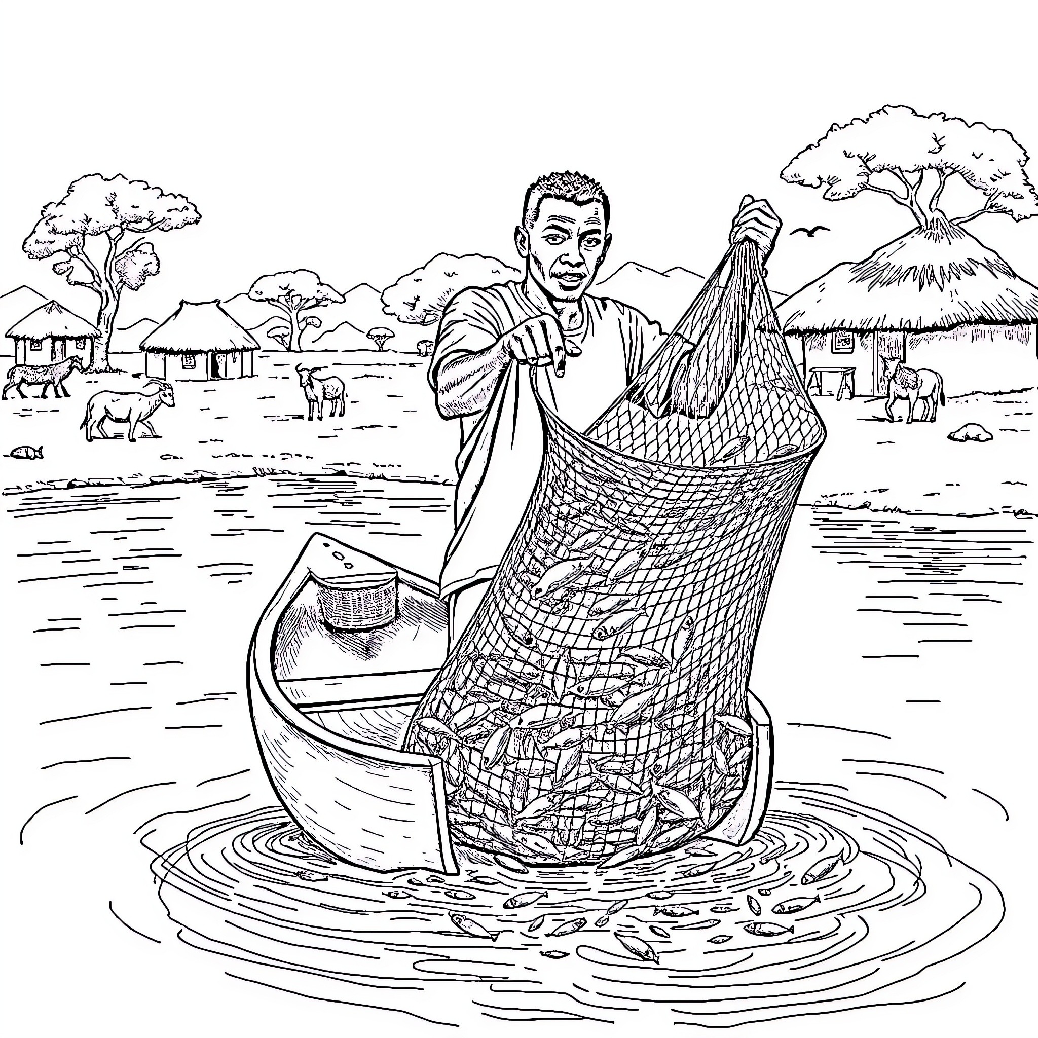 Man fishing with net in rural village Coloring Page (free black-and-white line drawing printable PDF for all, from beginners to advanced learners, including children, teens, adults, and seniors)