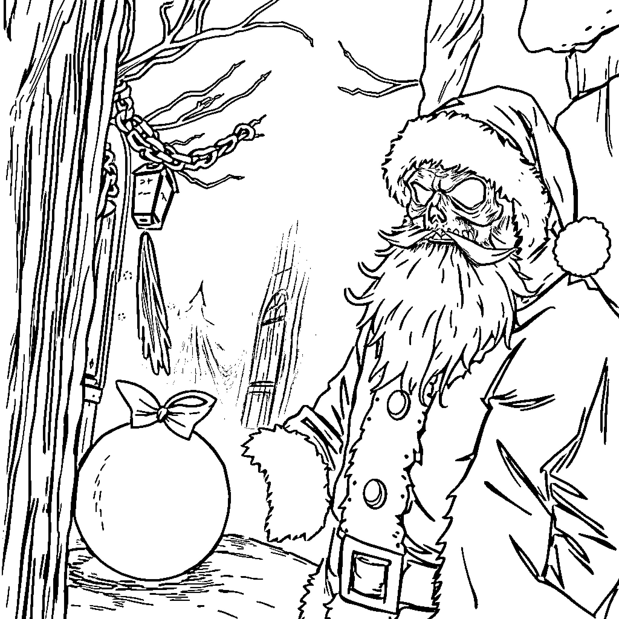 Horror Character in Wintery Forest Landscape Coloring Page (free black-and-white line drawing printable PDF for all, from beginners to advanced learners, including children, teens, adults, and seniors)