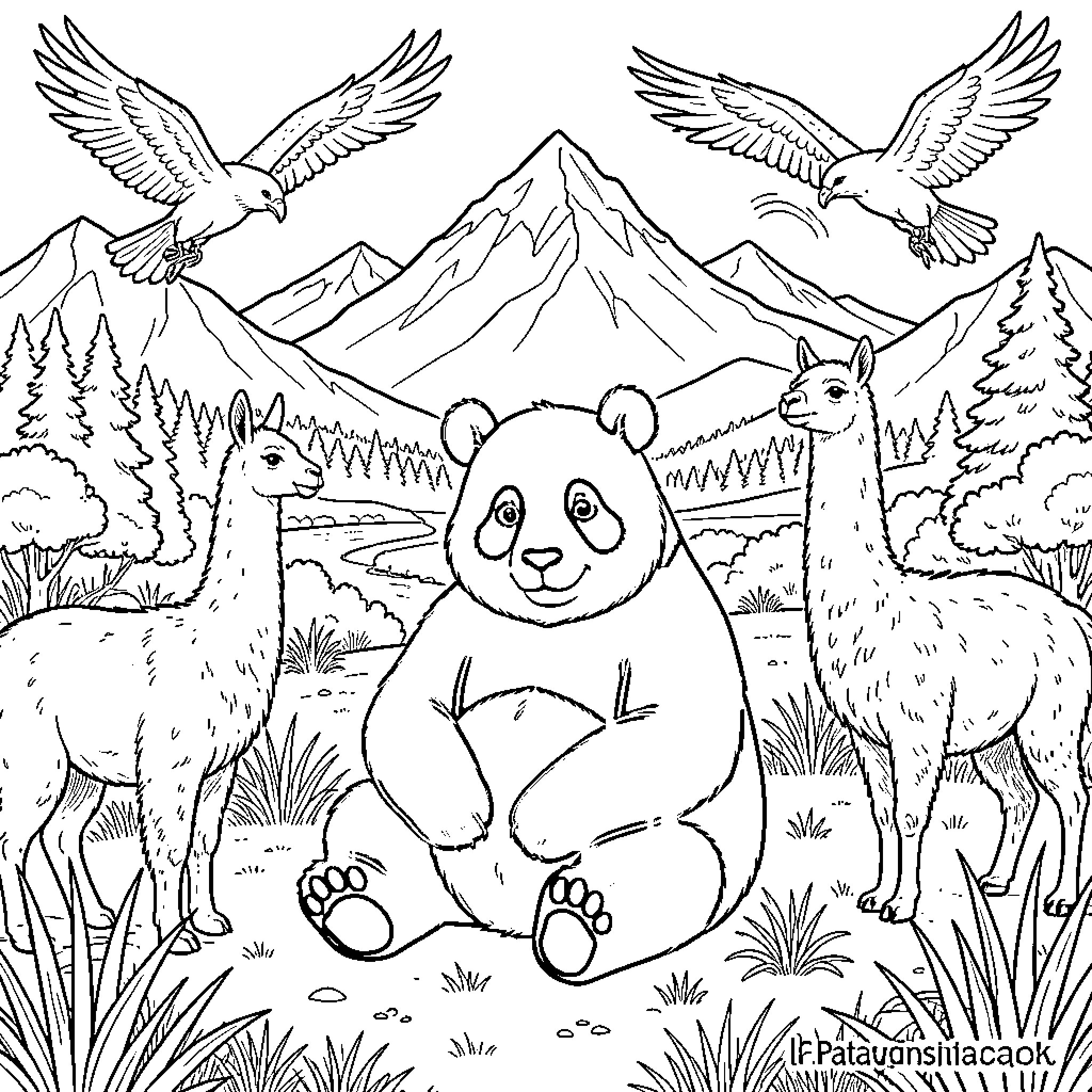 Panda exploring nature surrounded by birds and llamas Coloring Page (free black-and-white line drawing printable PDF for all, from beginners to advanced learners, including children, teens, adults, and seniors)