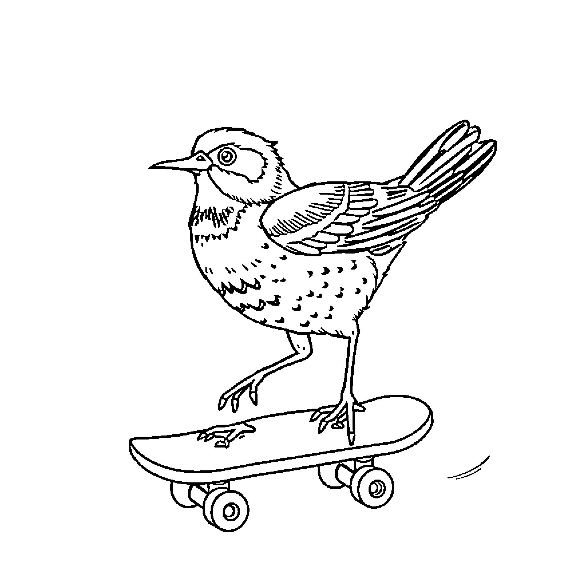 Taeniopygia Guttata riding a skateboard Coloring Page (free black-and-white line drawing printable PDF for all, from beginners to advanced learners, including children, teens, adults, and seniors)
