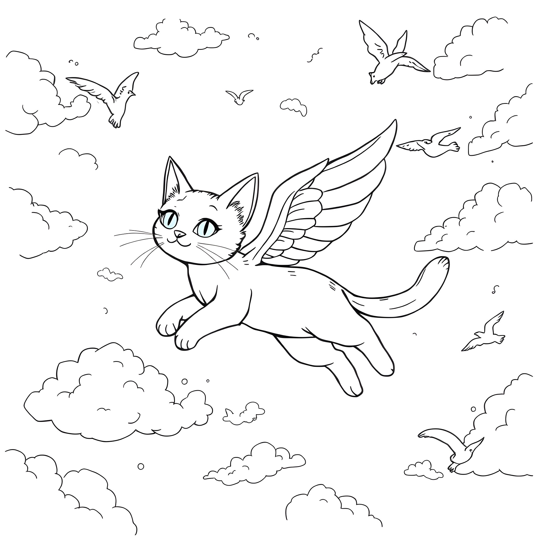 Cat with wings soaring through the clouds Coloring Page (free black-and-white line drawing printable PDF for all, from beginners to advanced learners, including children, teens, adults, and seniors)