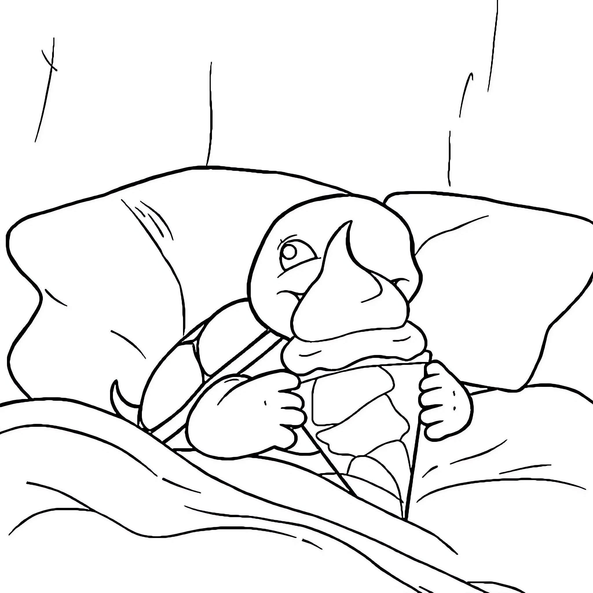 Turtle relaxing in cozy environment Coloring Page (free black-and-white line drawing printable PDF for all, from beginners to advanced learners, including children, teens, adults, and seniors)