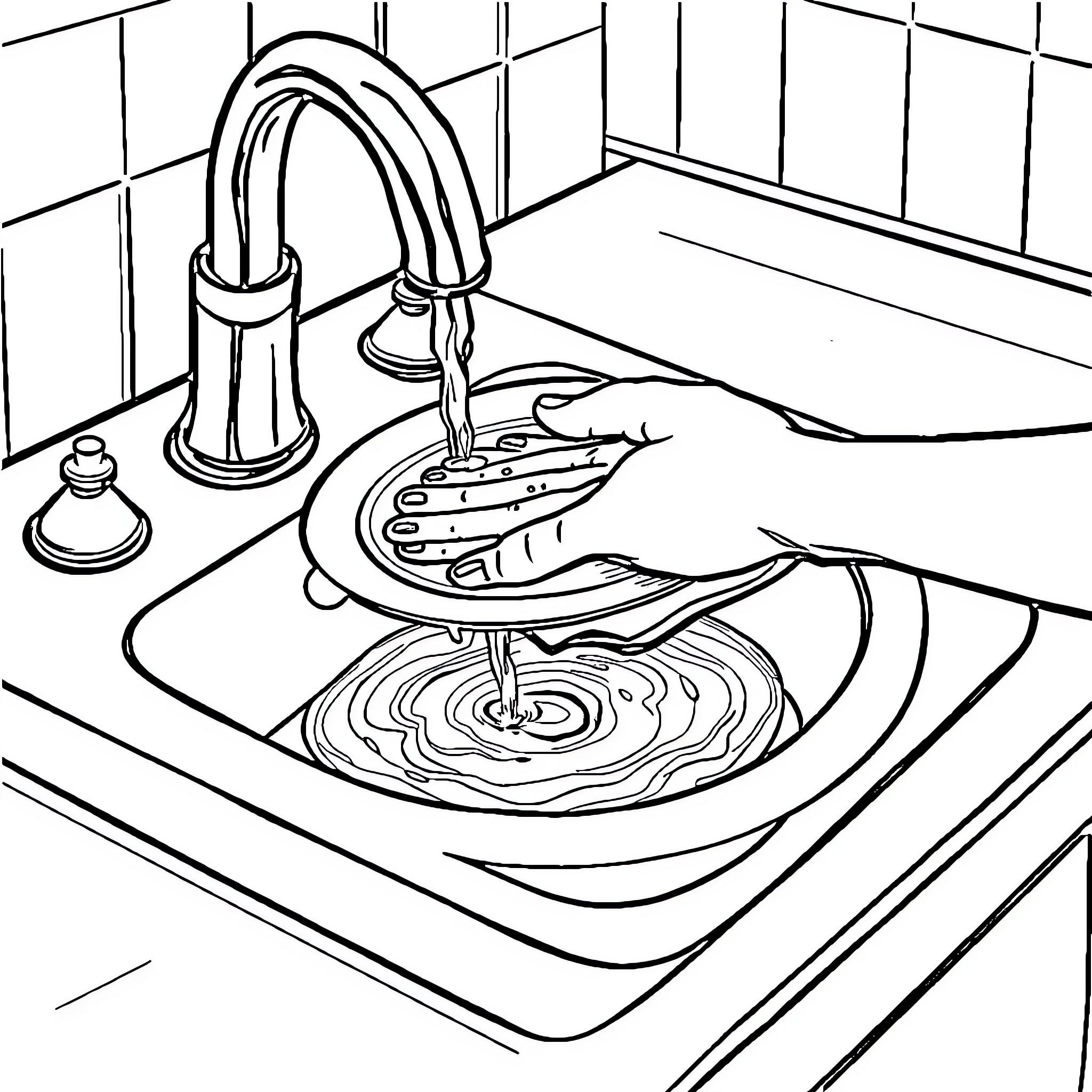 Hand washing in bathroom sink Coloring Page (free black-and-white line drawing printable PDF for all, from beginners to advanced learners, including children, teens, adults, and seniors)
