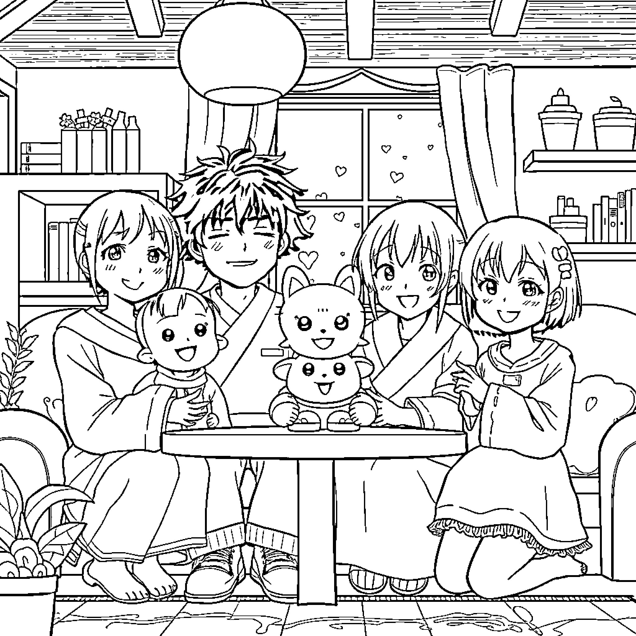 Kuromi's family enjoying time together Coloring Page (free black-and-white line drawing printable PDF for all, from beginners to advanced learners, including children, teens, adults, and seniors)
