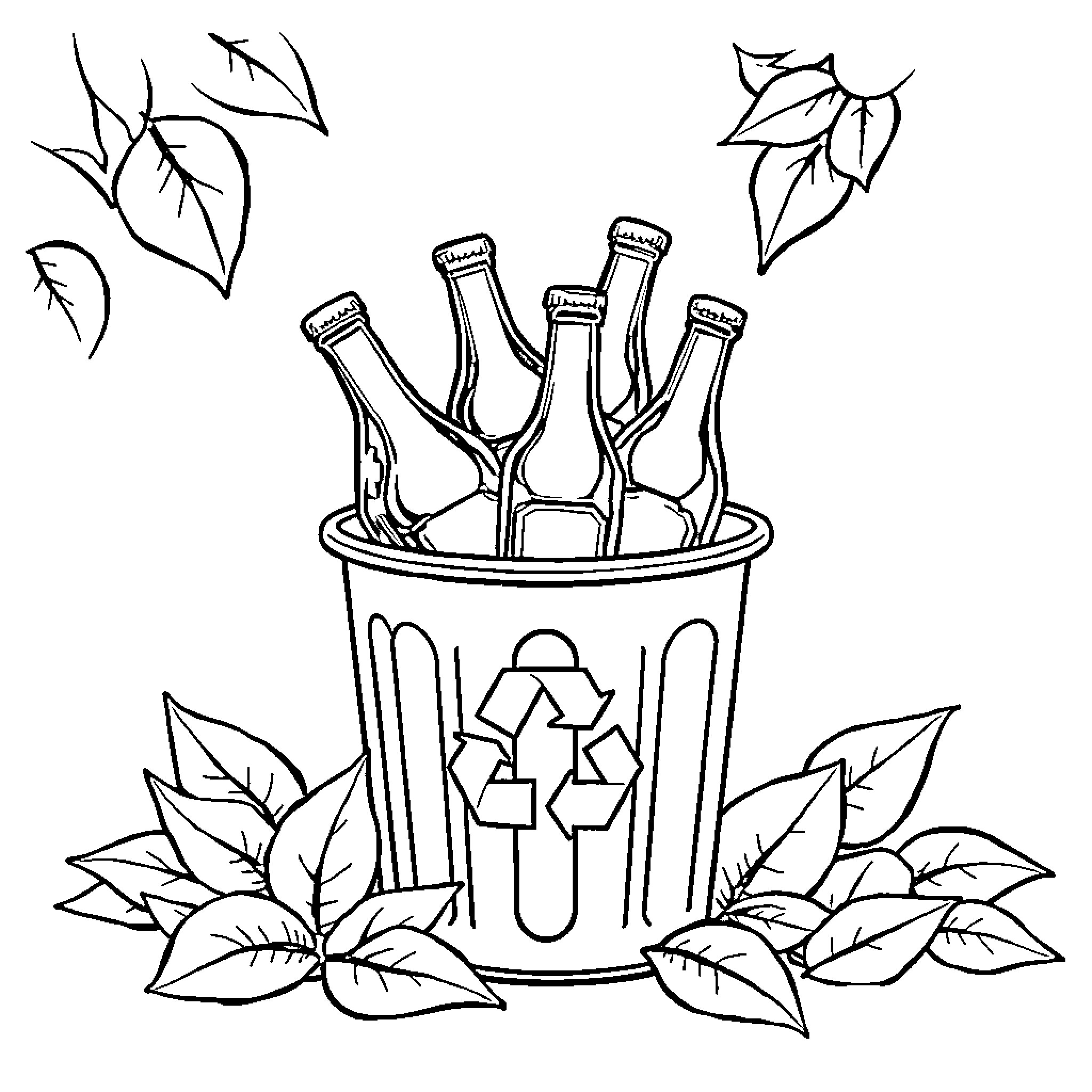Glass bottles in recycling bin with leaves Coloring Page (free black-and-white line drawing printable PDF for all, from beginners to advanced learners, including children, teens, adults, and seniors)