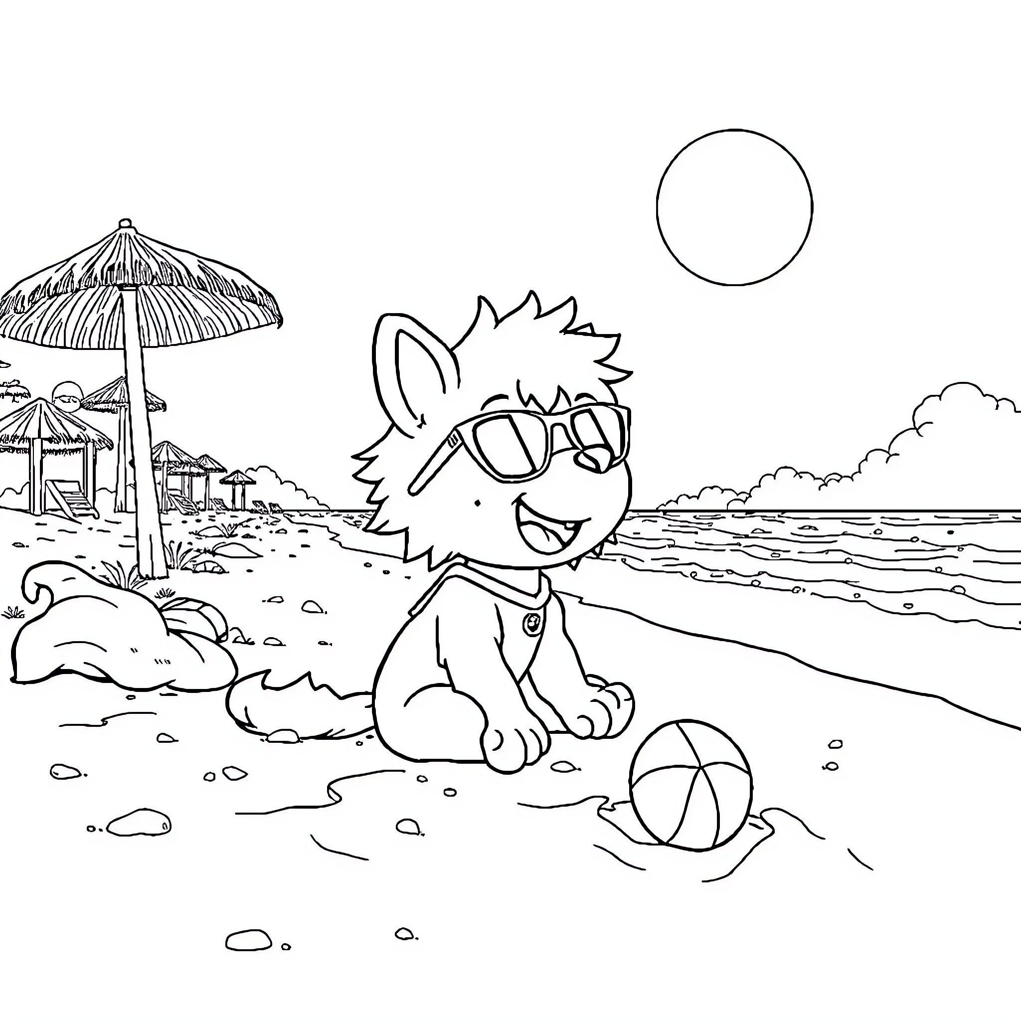 Tanjiro playing on the beach Coloring Page (free black-and-white line drawing printable PDF for all, from beginners to advanced learners, including children, teens, adults, and seniors)