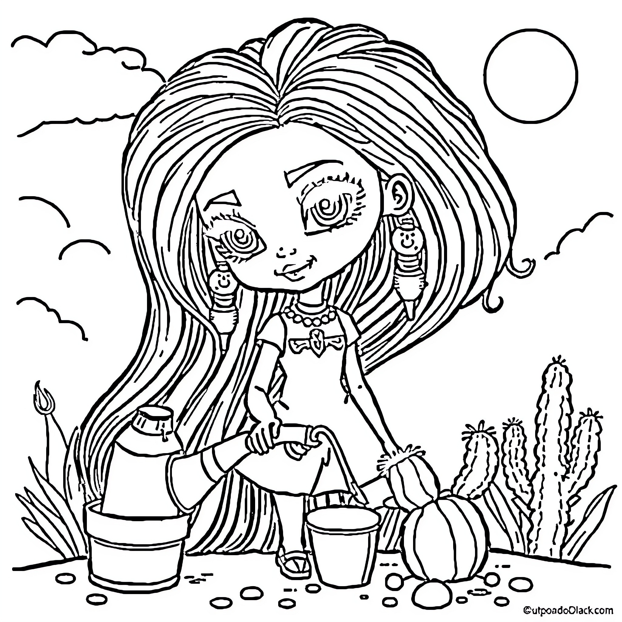 Bratz Girl Watering Plants in Desert Landscape Coloring Page (free black-and-white line drawing printable PDF for all, from beginners to advanced learners, including children, teens, adults, and seniors)