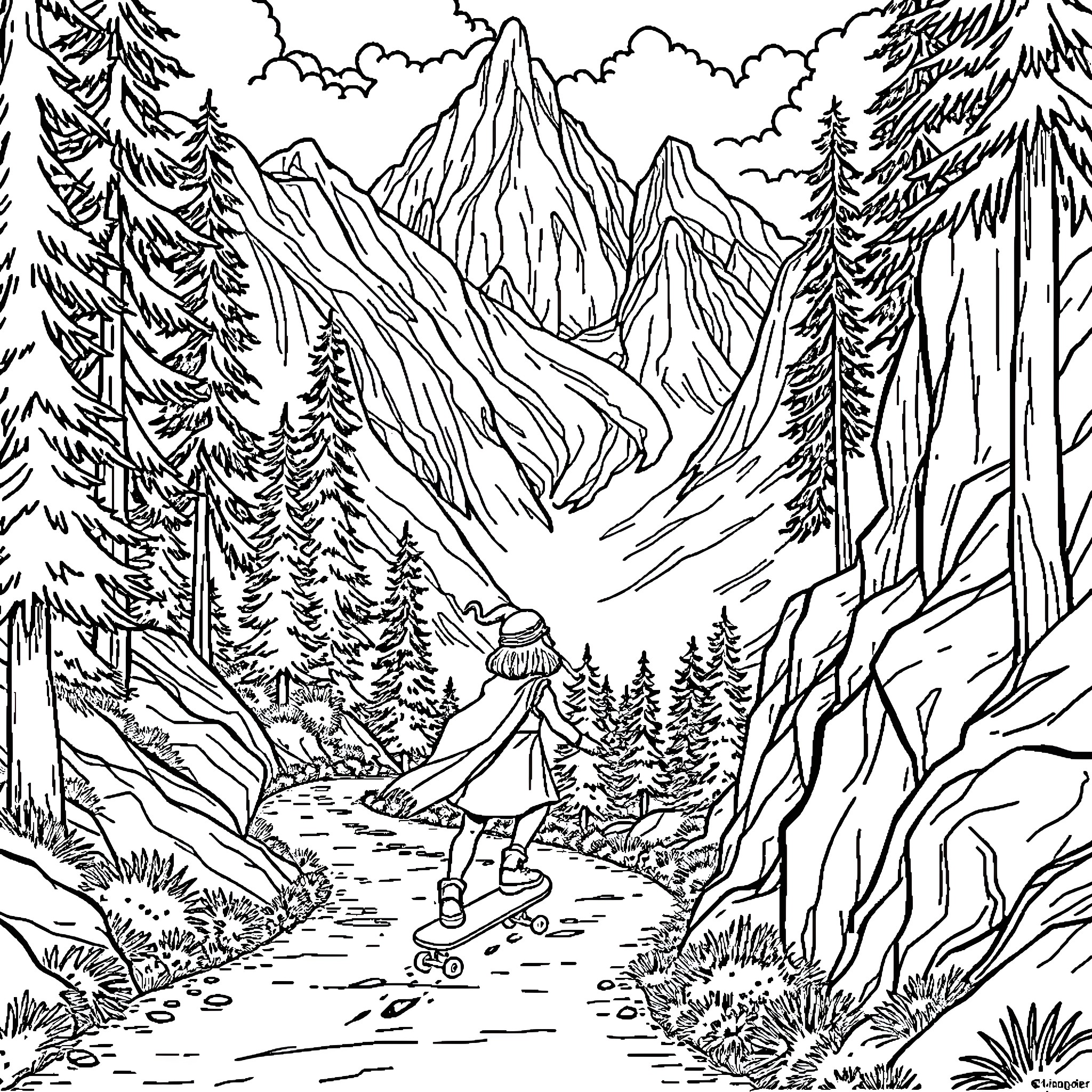 Frodo exploring the majestic mountain landscape Coloring Page (free black-and-white line drawing printable PDF for all, from beginners to advanced learners, including children, teens, adults, and seniors)