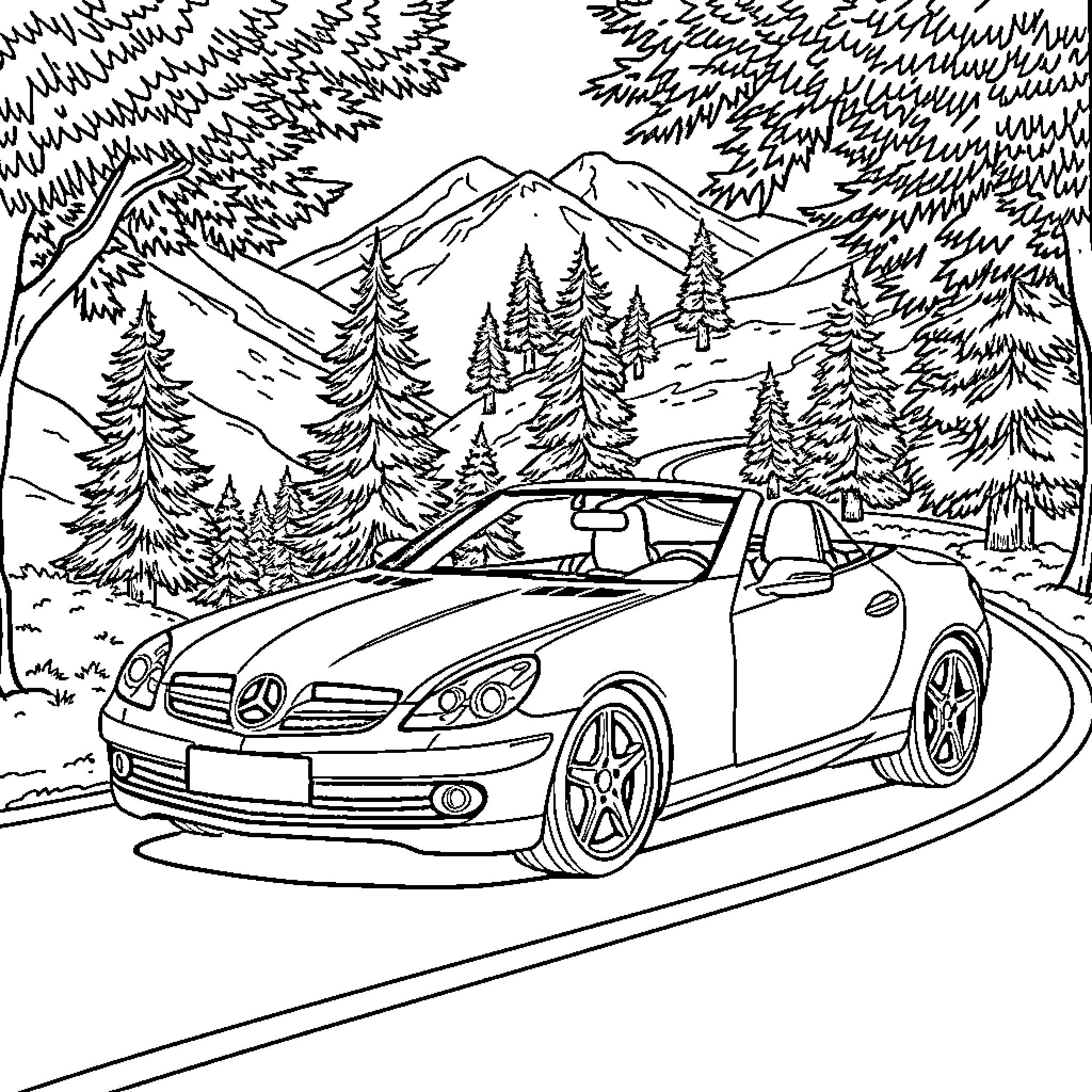 Mercedes SLK driving through scenic mountain landscape Coloring Page (free black-and-white line drawing printable PDF for all, from beginners to advanced learners, including children, teens, adults, and seniors)