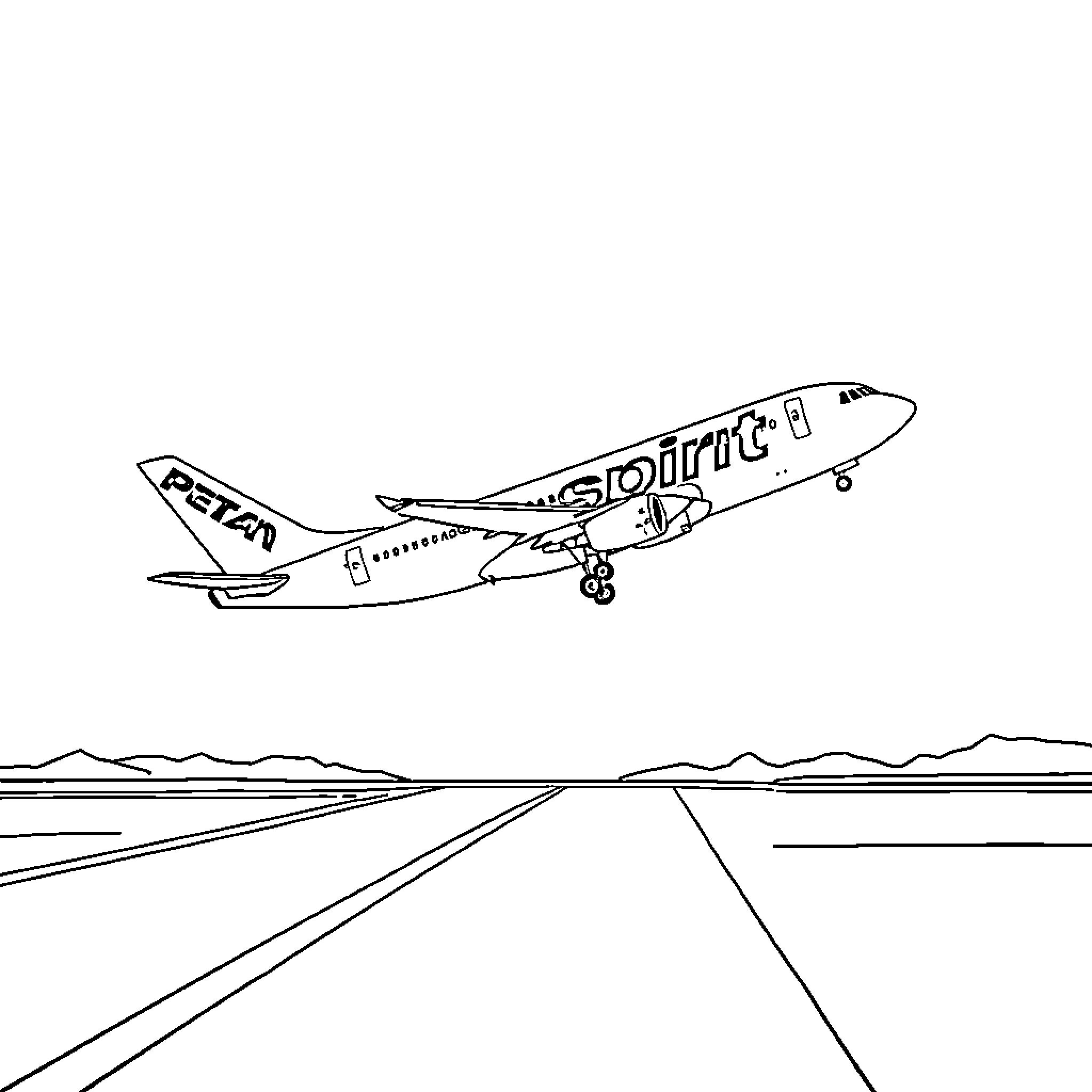 Airplane taking off from airport runway Coloring Page (free black-and-white line drawing printable PDF for all, from beginners to advanced learners, including children, teens, adults, and seniors)