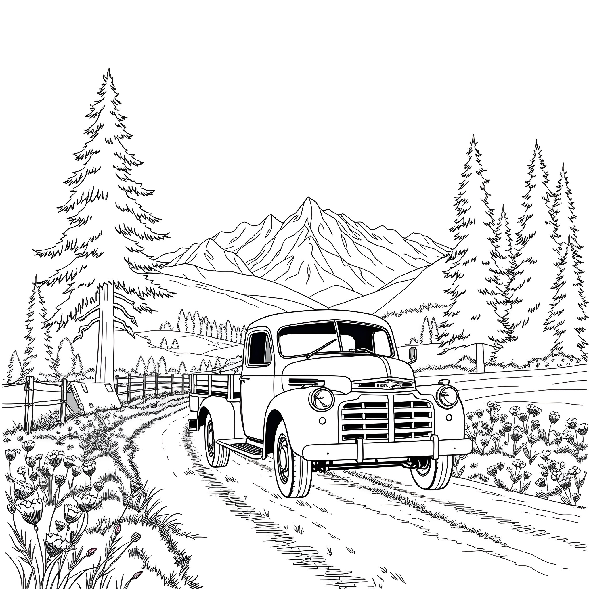 Truck on a winding mountain road Coloring Page (free black-and-white line drawing printable PDF for all, from beginners to advanced learners, including children, teens, adults, and seniors)