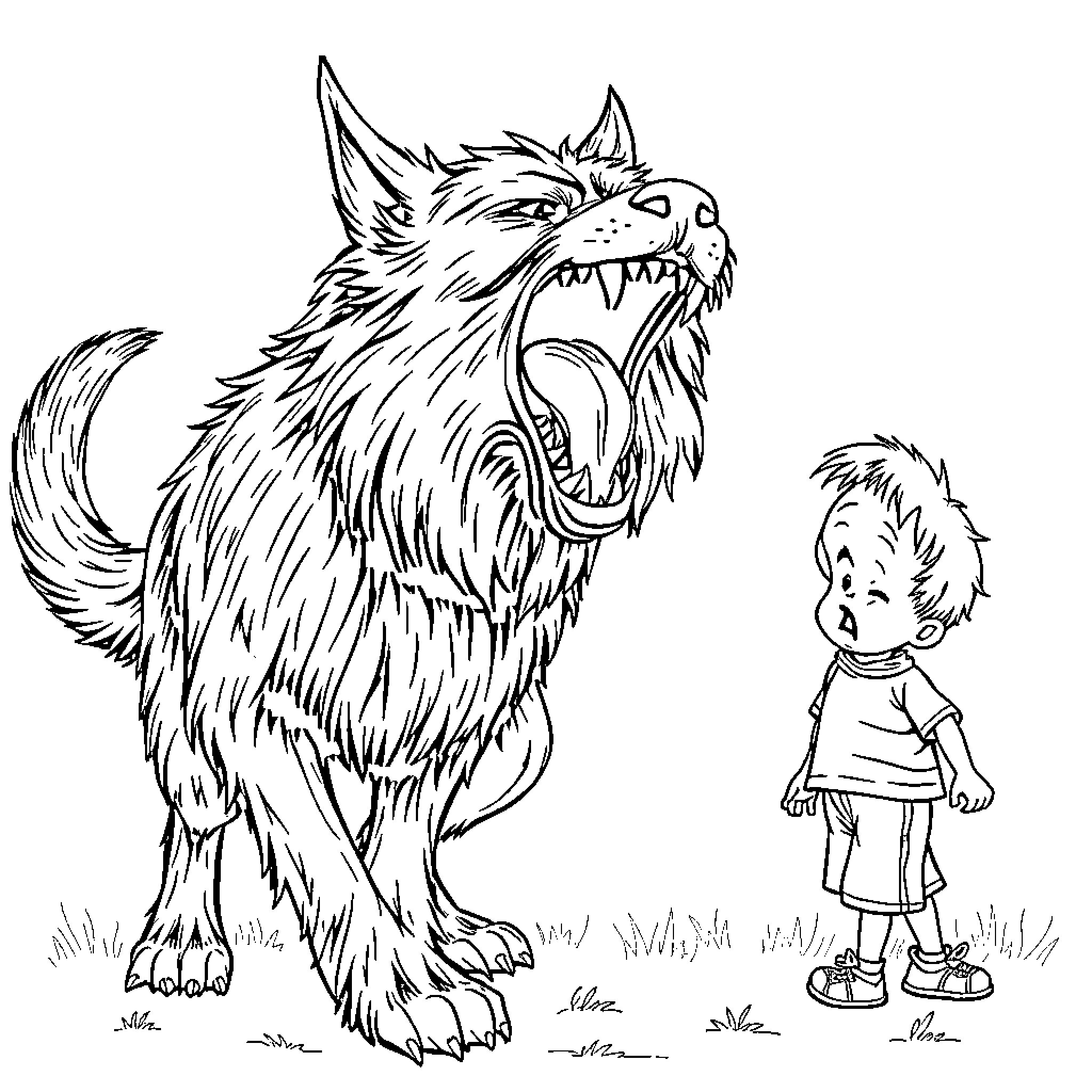 Dog growling fiercely at terrified child Coloring Page (free black-and-white line drawing printable PDF for all, from beginners to advanced learners, including children, teens, adults, and seniors)