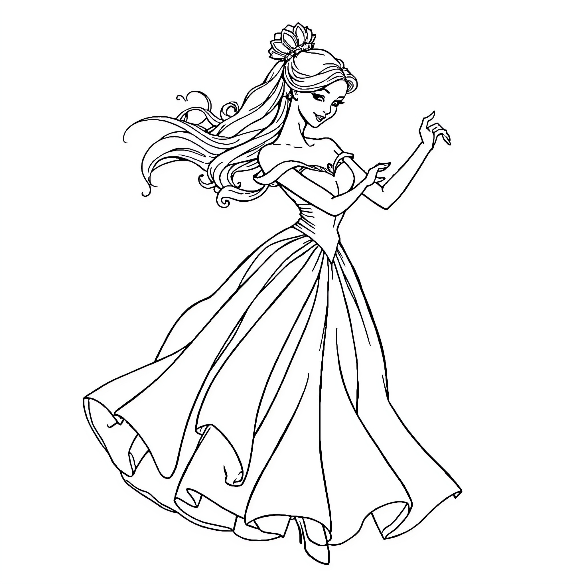 Princess dancing gracefully in a flowing gown Coloring Page (free black-and-white line drawing printable PDF for all, from beginners to advanced learners, including children, teens, adults, and seniors)