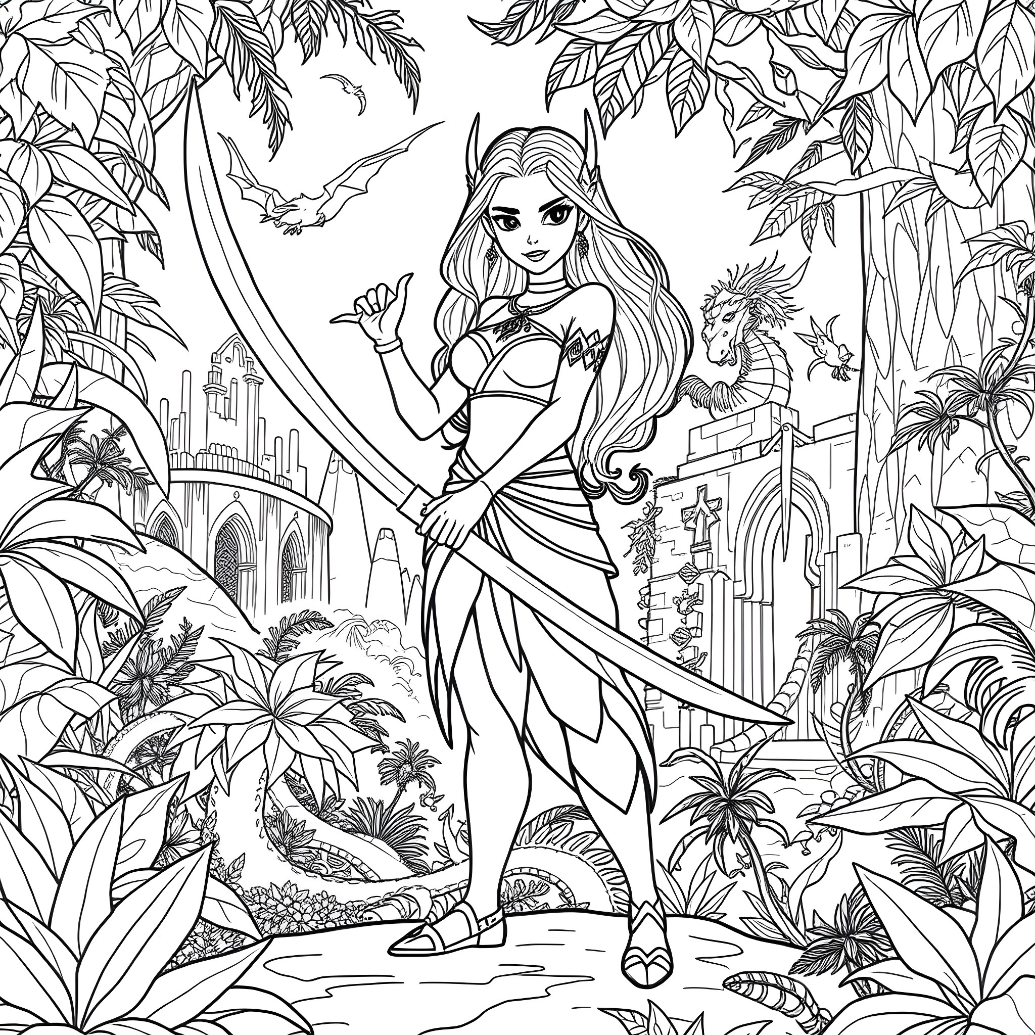Raya exploring the magical fantasy jungle Coloring Page (free black-and-white line drawing printable PDF for all, from beginners to advanced learners, including children, teens, adults, and seniors)