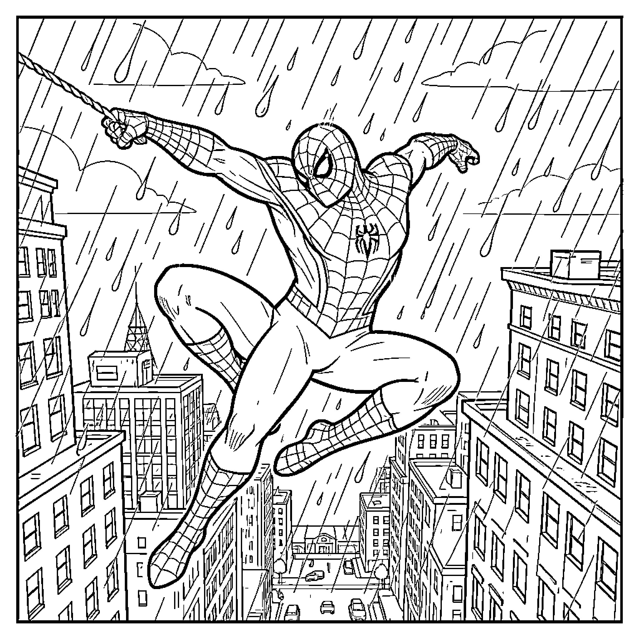 Spider-Man swinging through a rainy city landscape Coloring Page (free black-and-white line drawing printable PDF for all, from beginners to advanced learners, including children, teens, adults, and seniors)