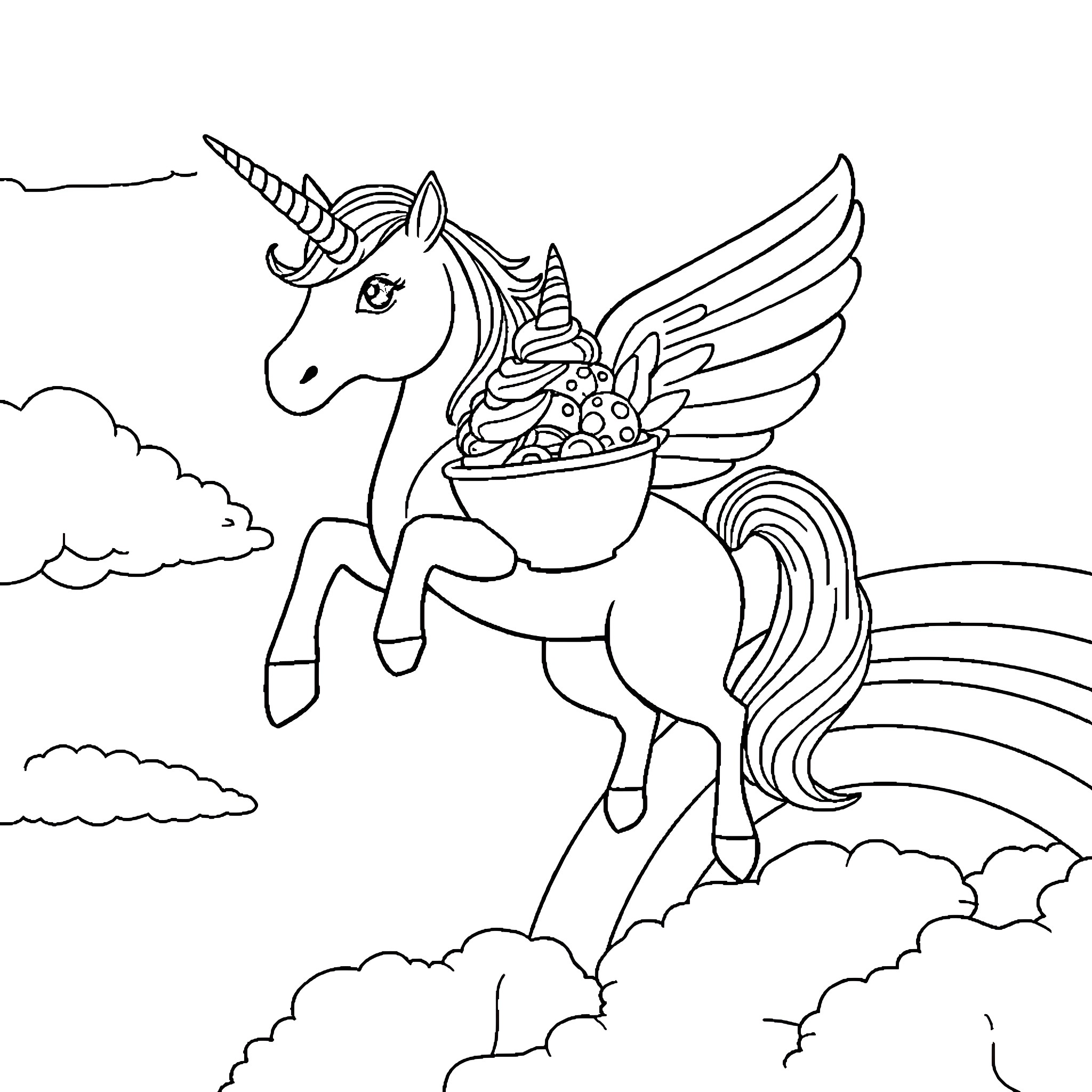 Unicorn flying with magical treasure Coloring Page (free black-and-white line drawing printable PDF for all, from beginners to advanced learners, including children, teens, adults, and seniors)