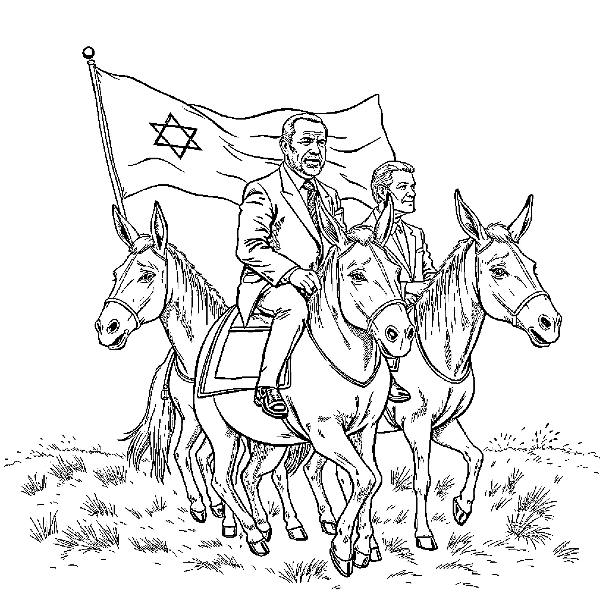President Riding Horses with Israeli Flag Coloring Page (free black-and-white line drawing printable PDF for all, from beginners to advanced learners, including children, teens, adults, and seniors)