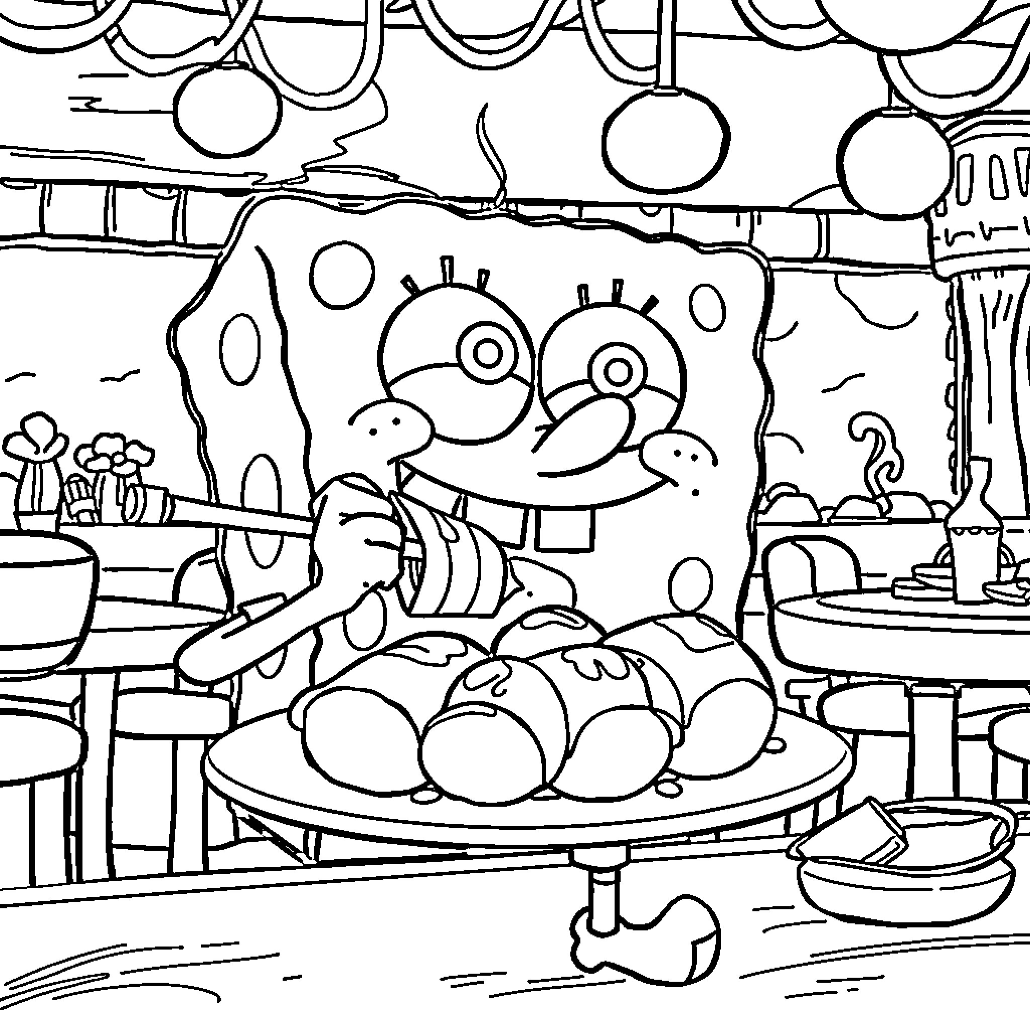 Spongebob cooking up a tasty treat in his kitchen Coloring Page (free black-and-white line drawing printable PDF for all, from beginners to advanced learners, including children, teens, adults, and seniors)