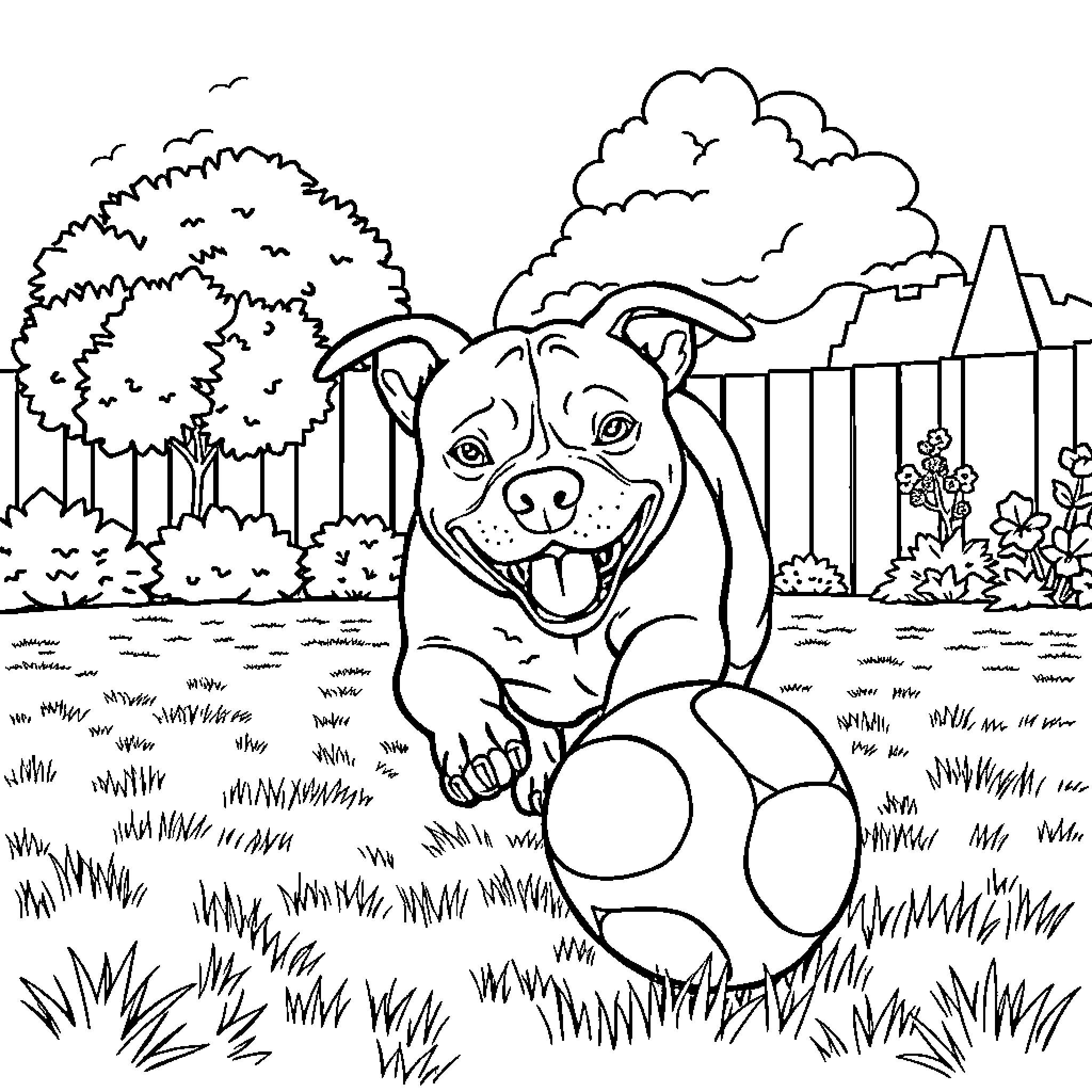 Pitbull dog happily playing in the backyard Coloring Page (free black-and-white line drawing printable PDF for all, from beginners to advanced learners, including children, teens, adults, and seniors)