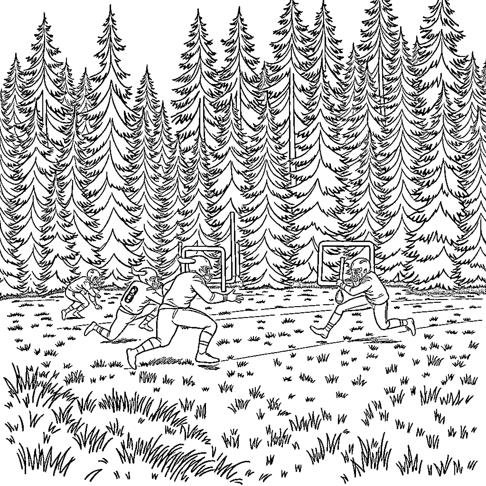 Vikings battling fiercely in a forested landscape Coloring Page (free black-and-white line drawing printable PDF for all, from beginners to advanced learners, including children, teens, adults, and seniors)