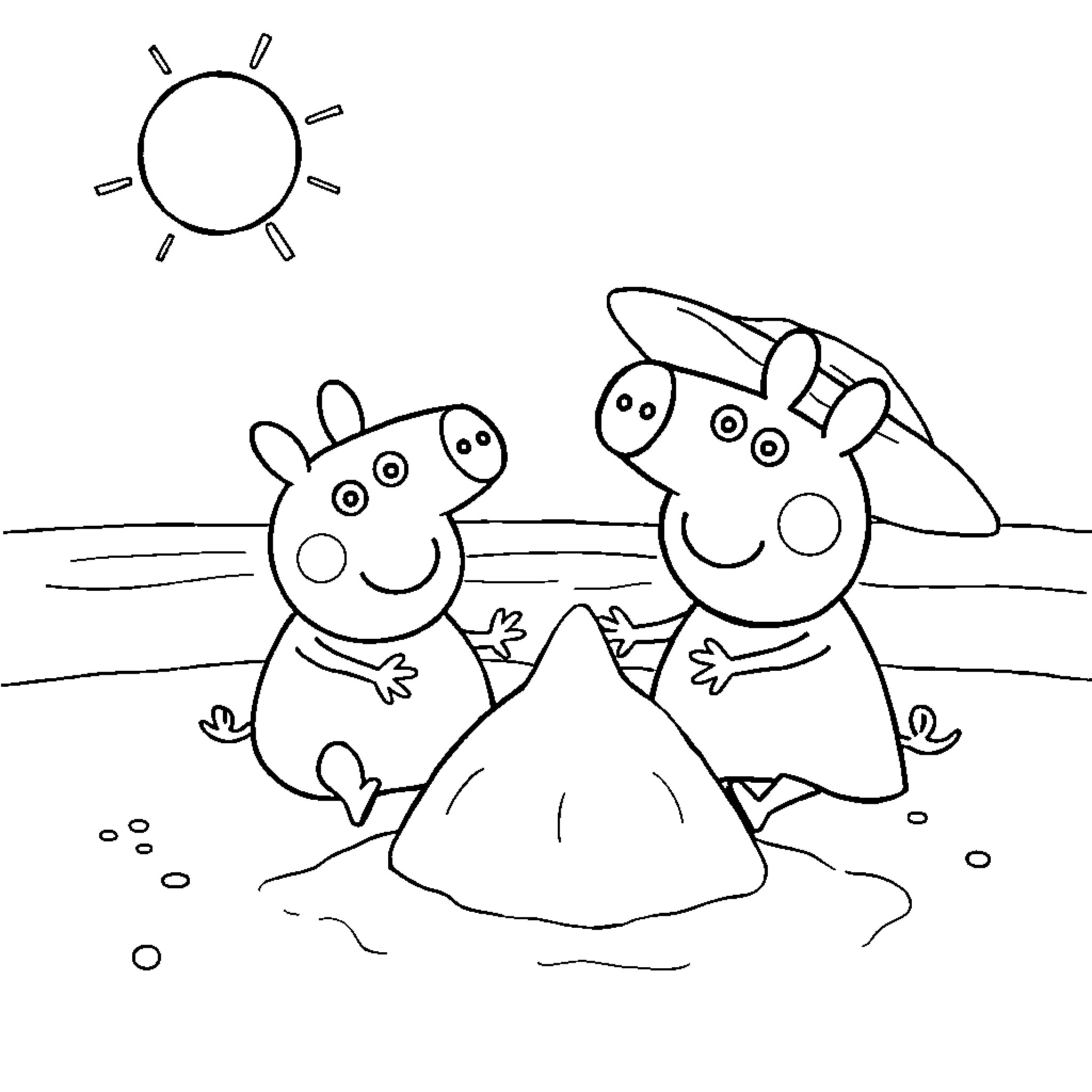 Peppa Pig and friends playing in the sand Coloring Page (free black-and-white line drawing printable PDF for all, from beginners to advanced learners, including children, teens, adults, and seniors)