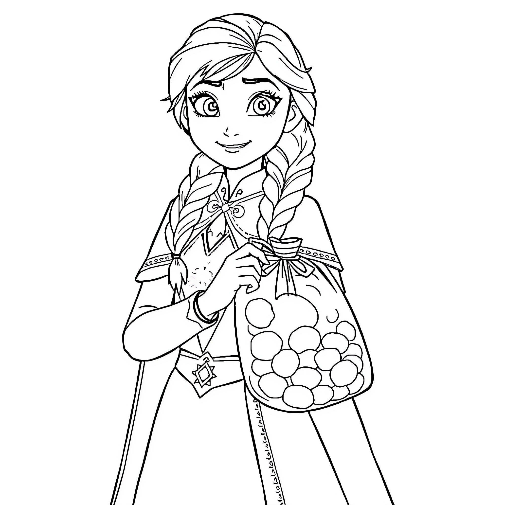 Anna's Joyful Adventure with Treats Coloring Page (free black-and-white line drawing printable PDF for all, from beginners to advanced learners, including children, teens, adults, and seniors)