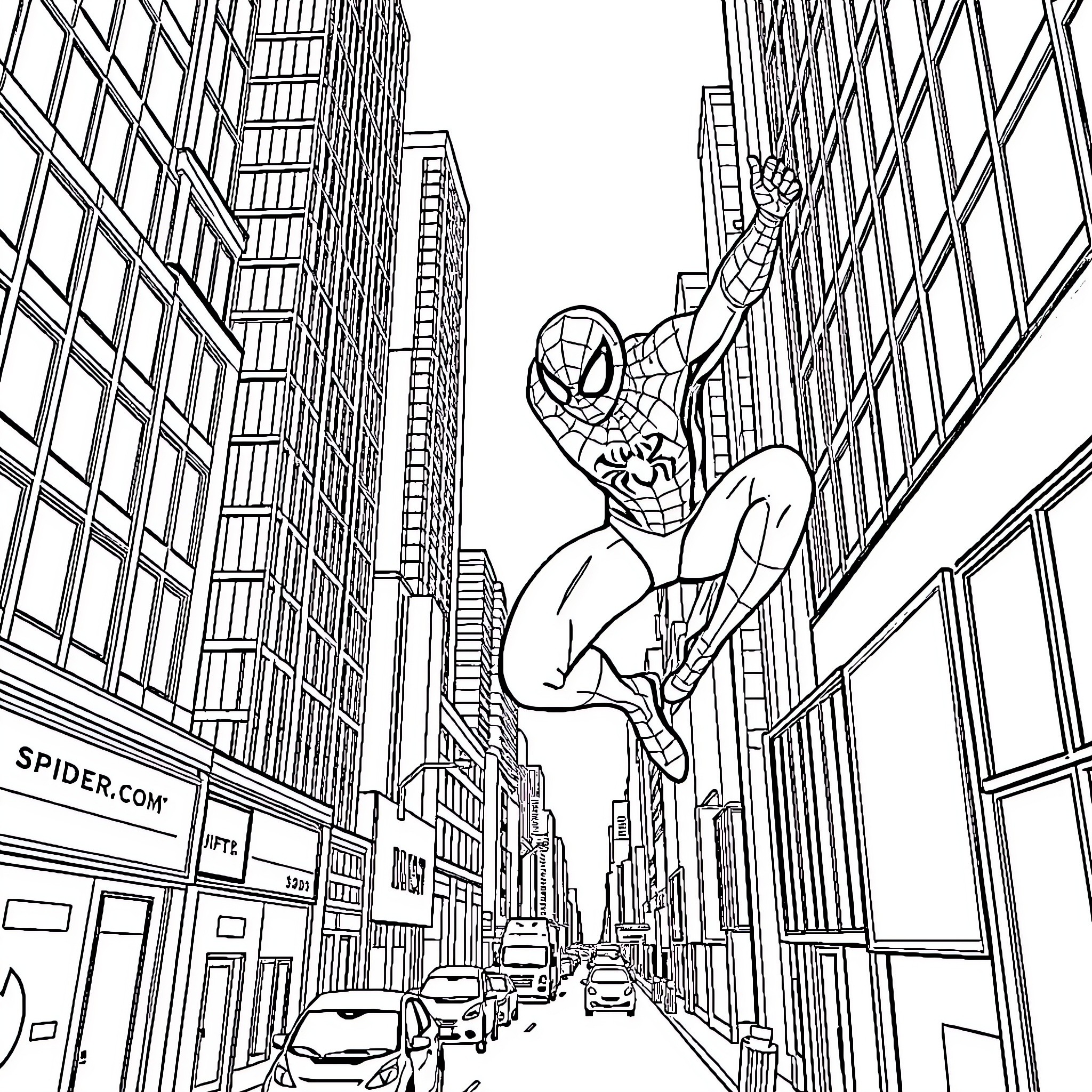 Spider-Man swinging through the city streets Coloring Page (free black-and-white line drawing printable PDF for all, from beginners to advanced learners, including children, teens, adults, and seniors)