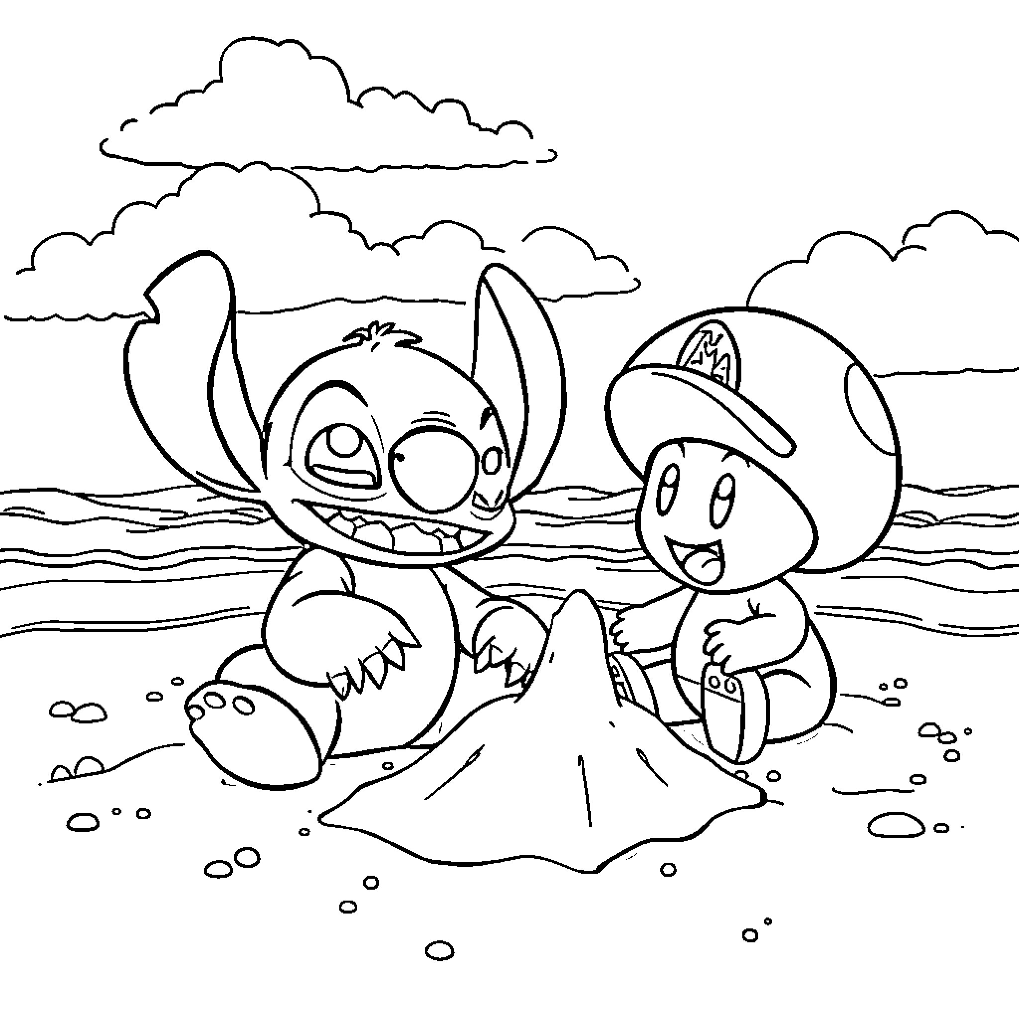 Stitch and Friend Explore the Beach Coloring Page (free black-and-white line drawing printable PDF for all, from beginners to advanced learners, including children, teens, adults, and seniors)