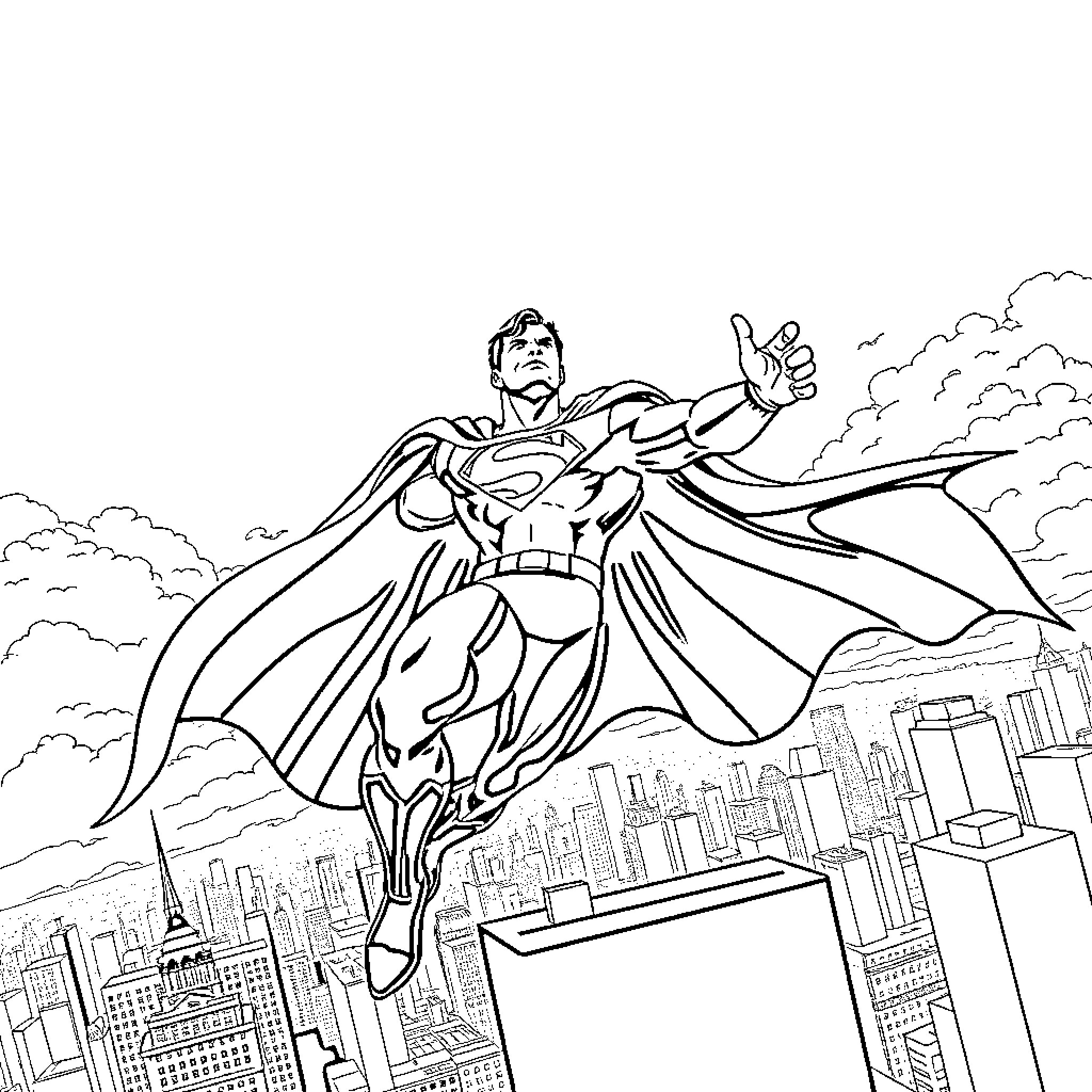 Superman in action over the city Coloring Page (free black-and-white line drawing printable PDF for all, from beginners to advanced learners, including children, teens, adults, and seniors)
