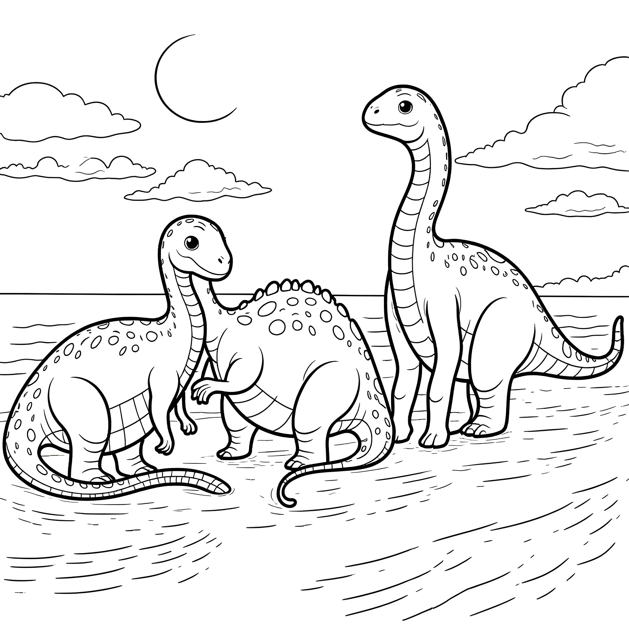 Dinosaurs roaming in the prehistoric landscape Coloring Page (free black-and-white line drawing printable PDF for all, from beginners to advanced learners, including children, teens, adults, and seniors)