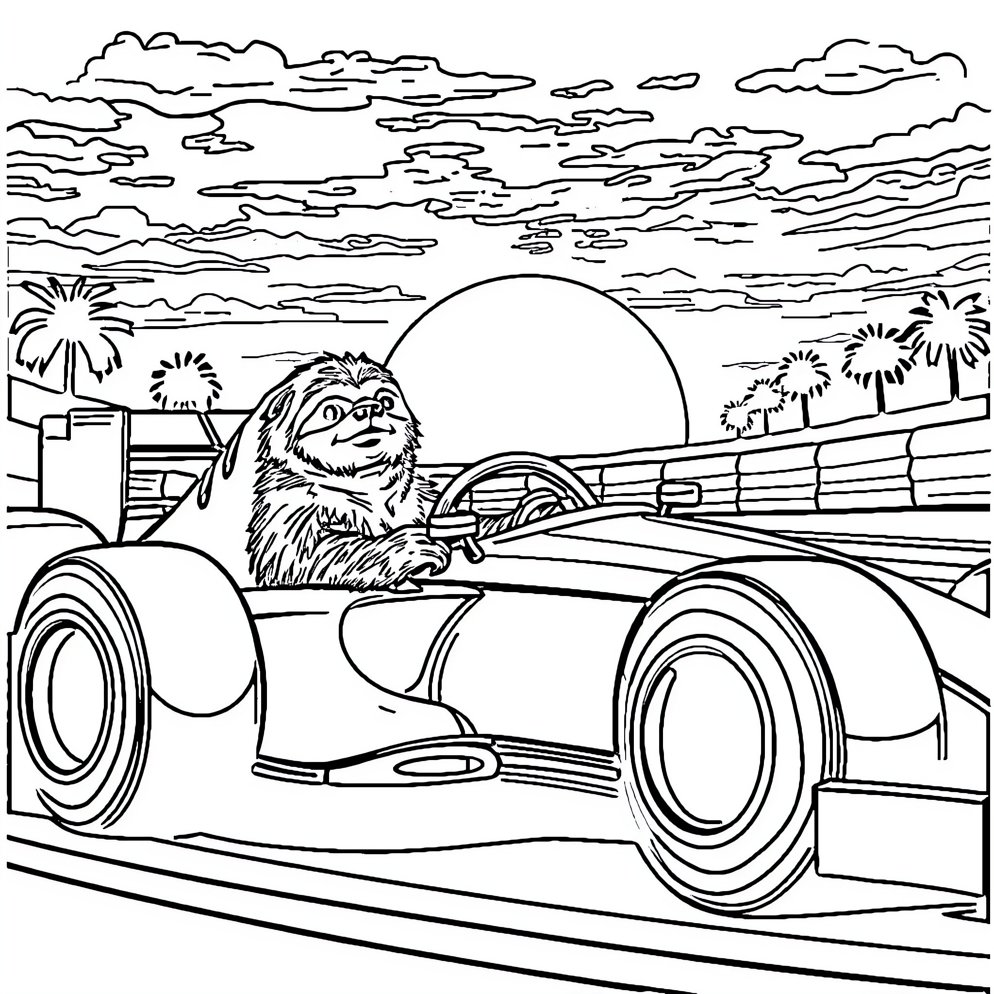 Sloth driving a race car on the beach Coloring Page (free black-and-white line drawing printable PDF for all, from beginners to advanced learners, including children, teens, adults, and seniors)