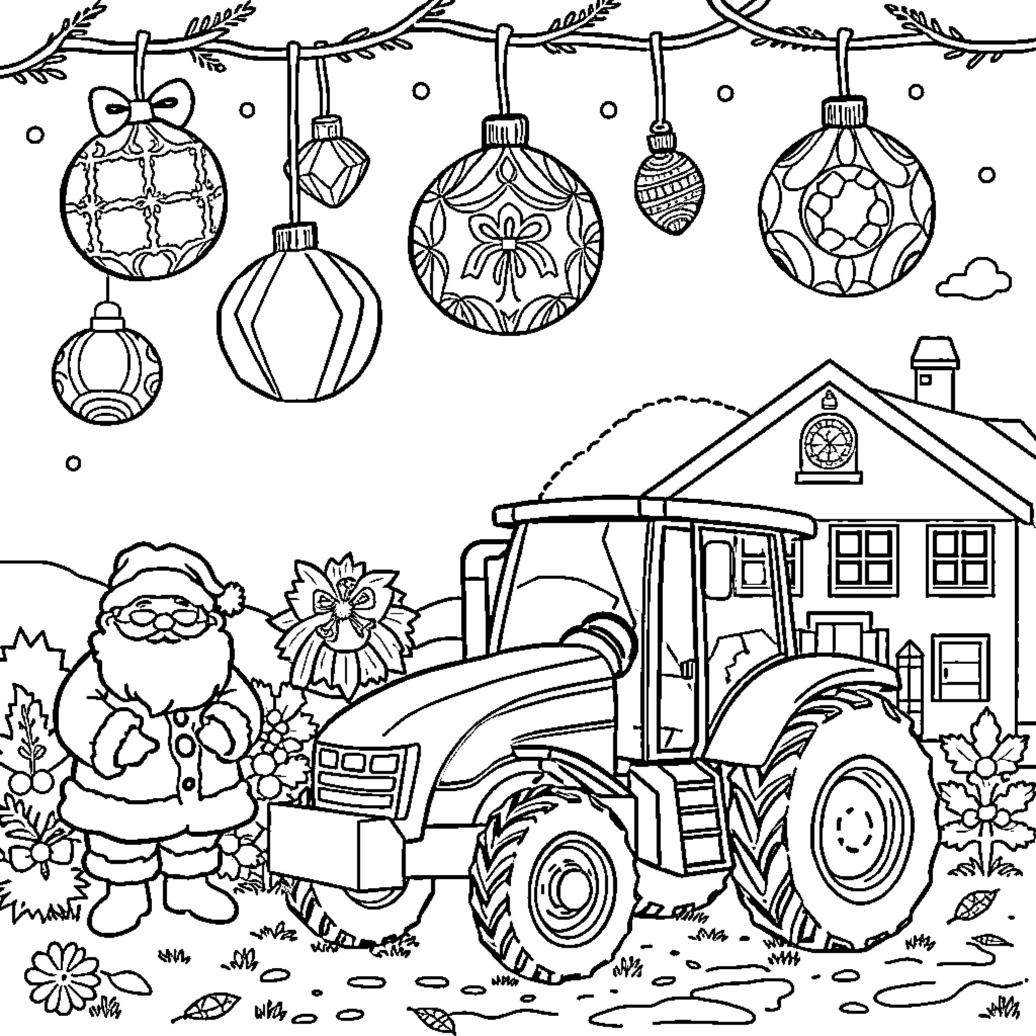 Santa and his Festive Tractor Amidst Christmas Ornaments Coloring Page (free black-and-white line drawing printable PDF for all, from beginners to advanced learners, including children, teens, adults, and seniors)