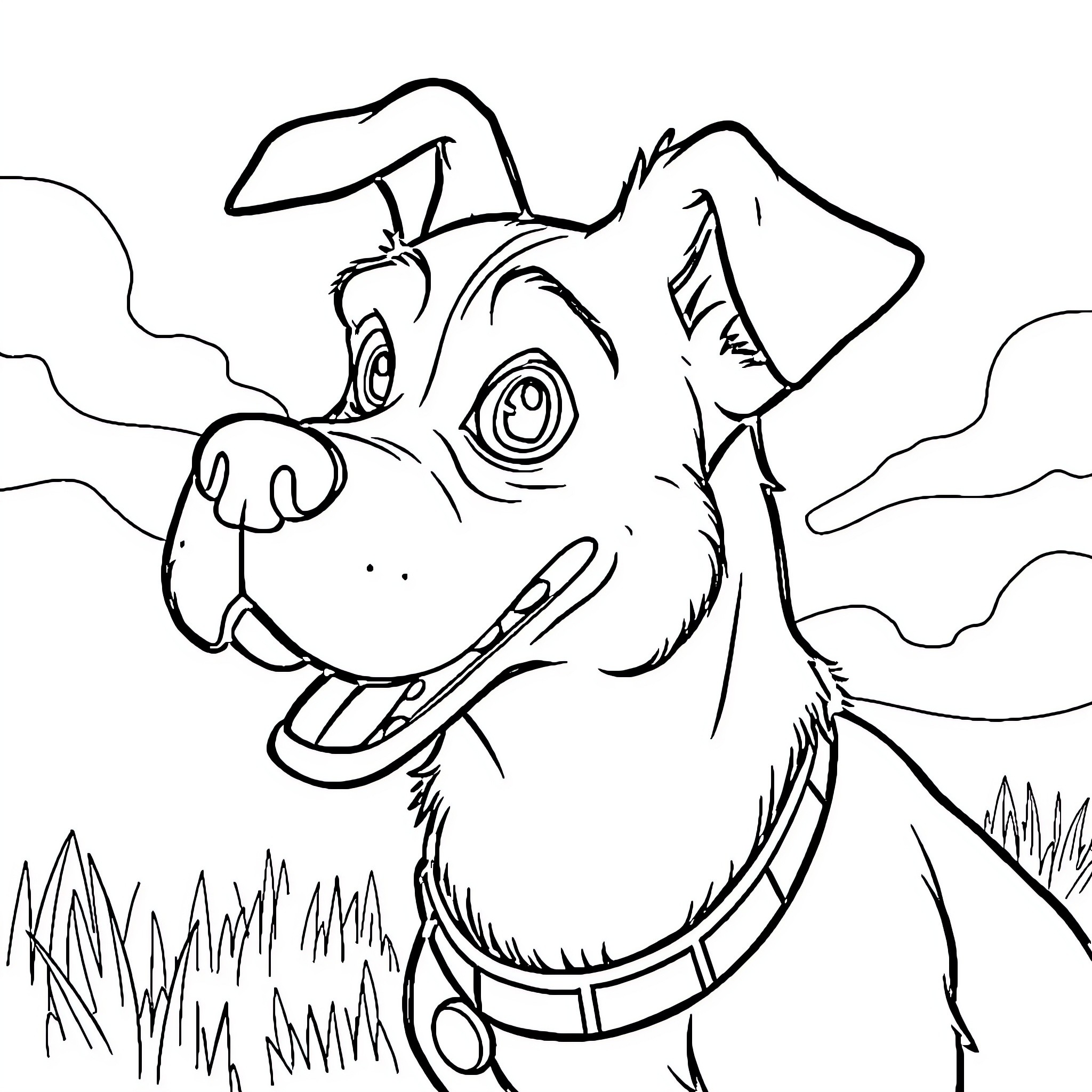 Dog Man Happily Playing in the Grass Coloring Page (free black-and-white line drawing printable PDF for all, from beginners to advanced learners, including children, teens, adults, and seniors)