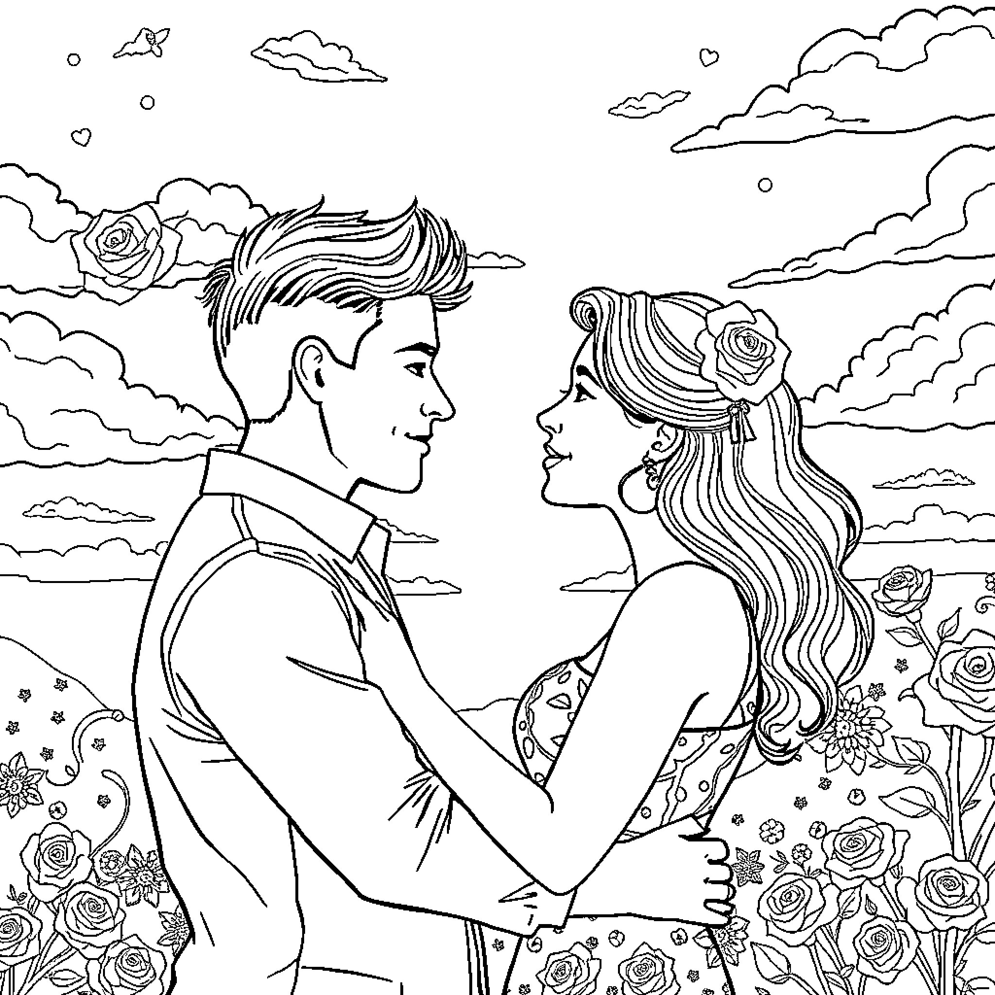 Hombre and woman embrace in romantic garden Coloring Page (free black-and-white line drawing printable PDF for all, from beginners to advanced learners, including children, teens, adults, and seniors)