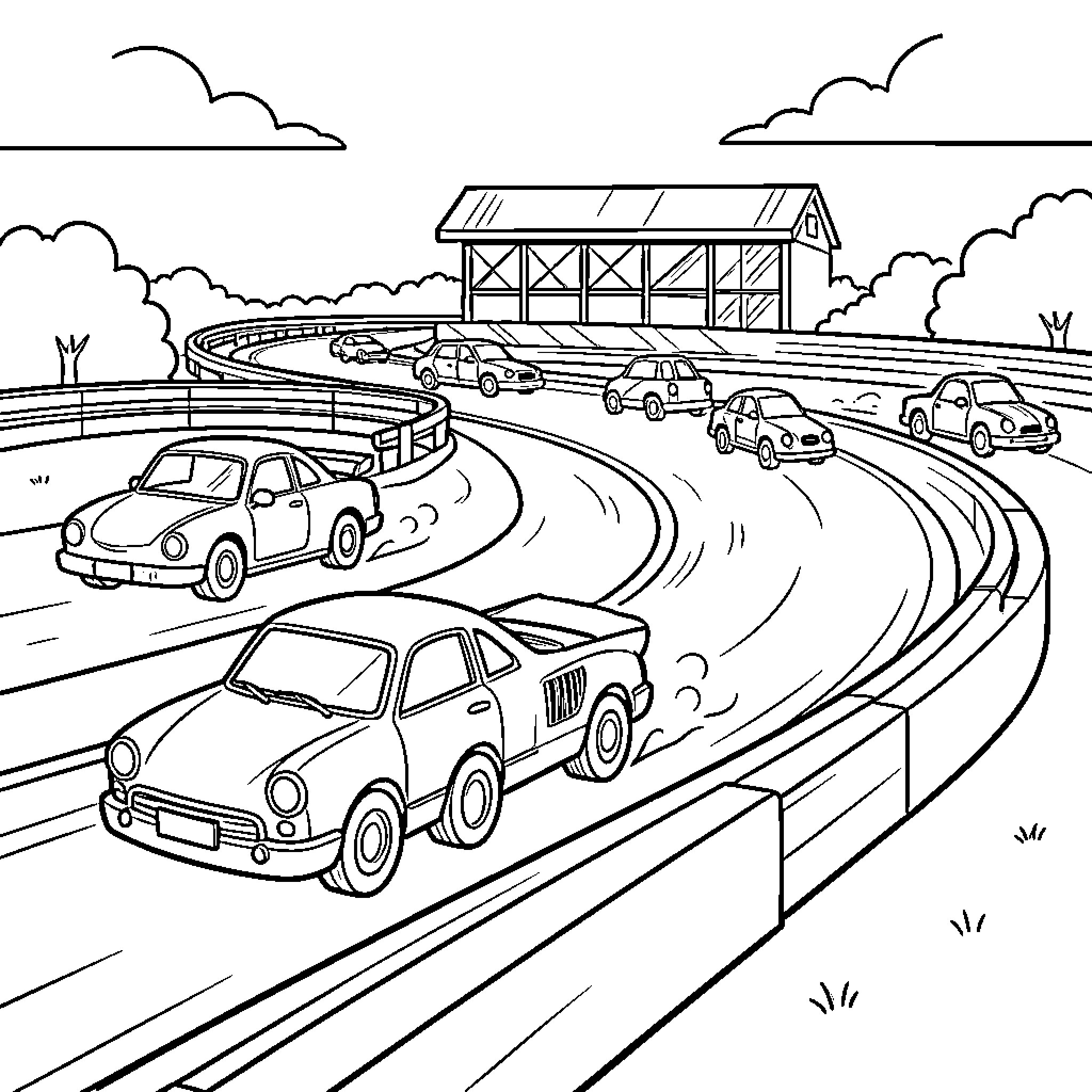 Hot Wheels racing cars speeding around a curved track Coloring Page (free black-and-white line drawing printable PDF for all, from beginners to advanced learners, including children, teens, adults, and seniors)
