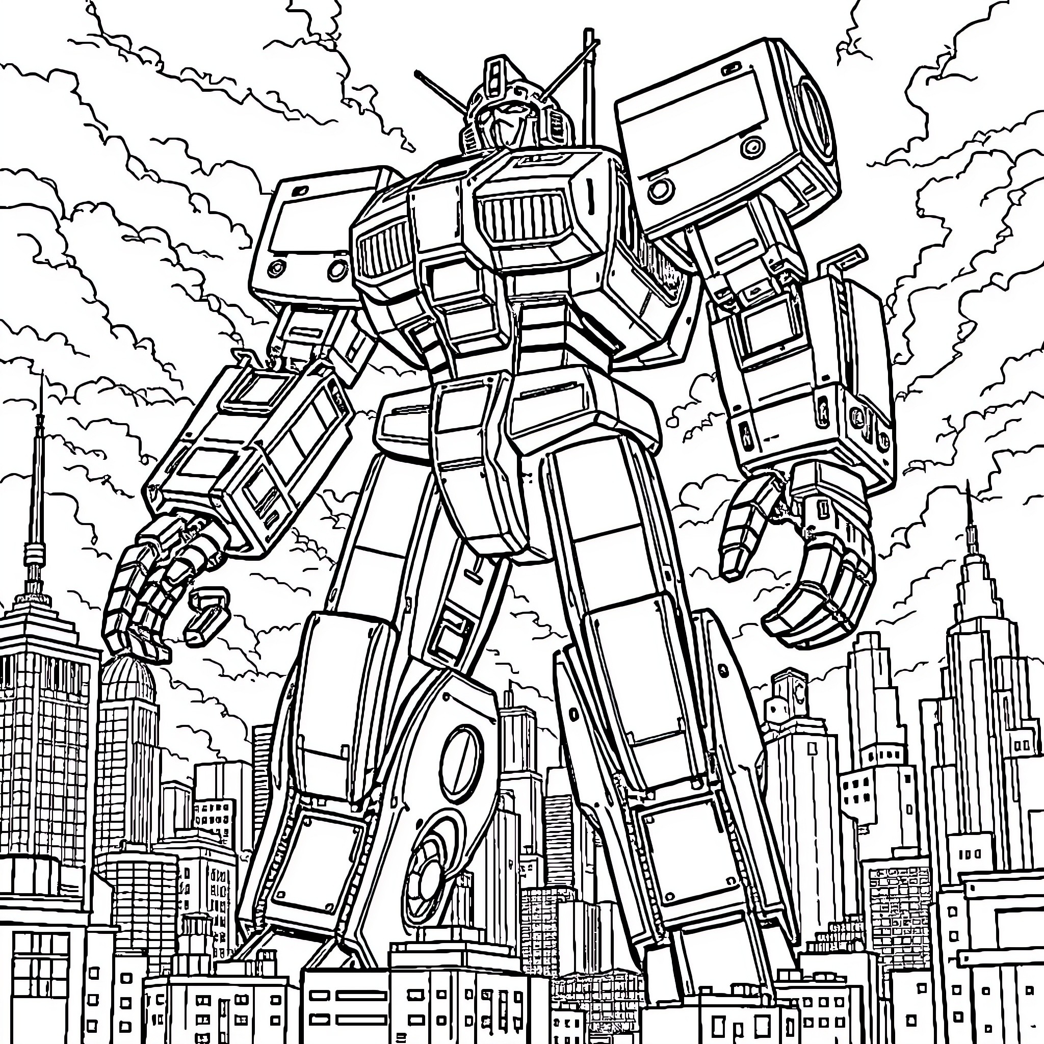 Steel Giants Battling in the Skies Coloring Page (free black-and-white line drawing printable PDF for all, from beginners to advanced learners, including children, teens, adults, and seniors)