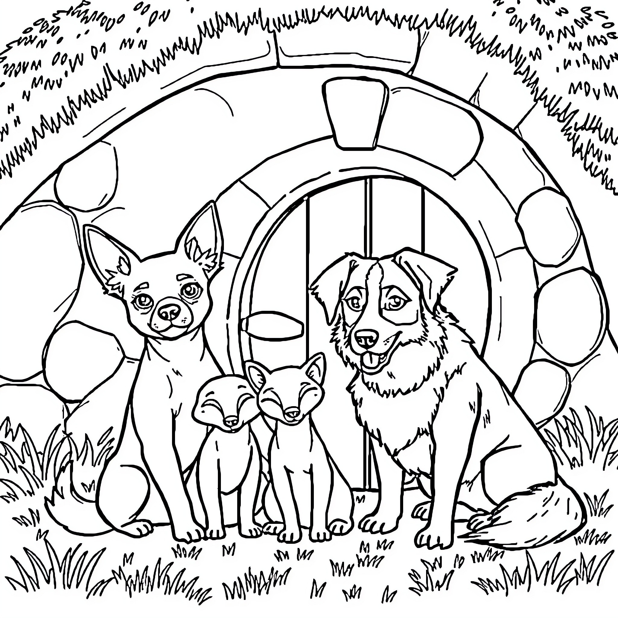 Dog family exploring the outdoors together Coloring Page (free black-and-white line drawing printable PDF for all, from beginners to advanced learners, including children, teens, adults, and seniors)