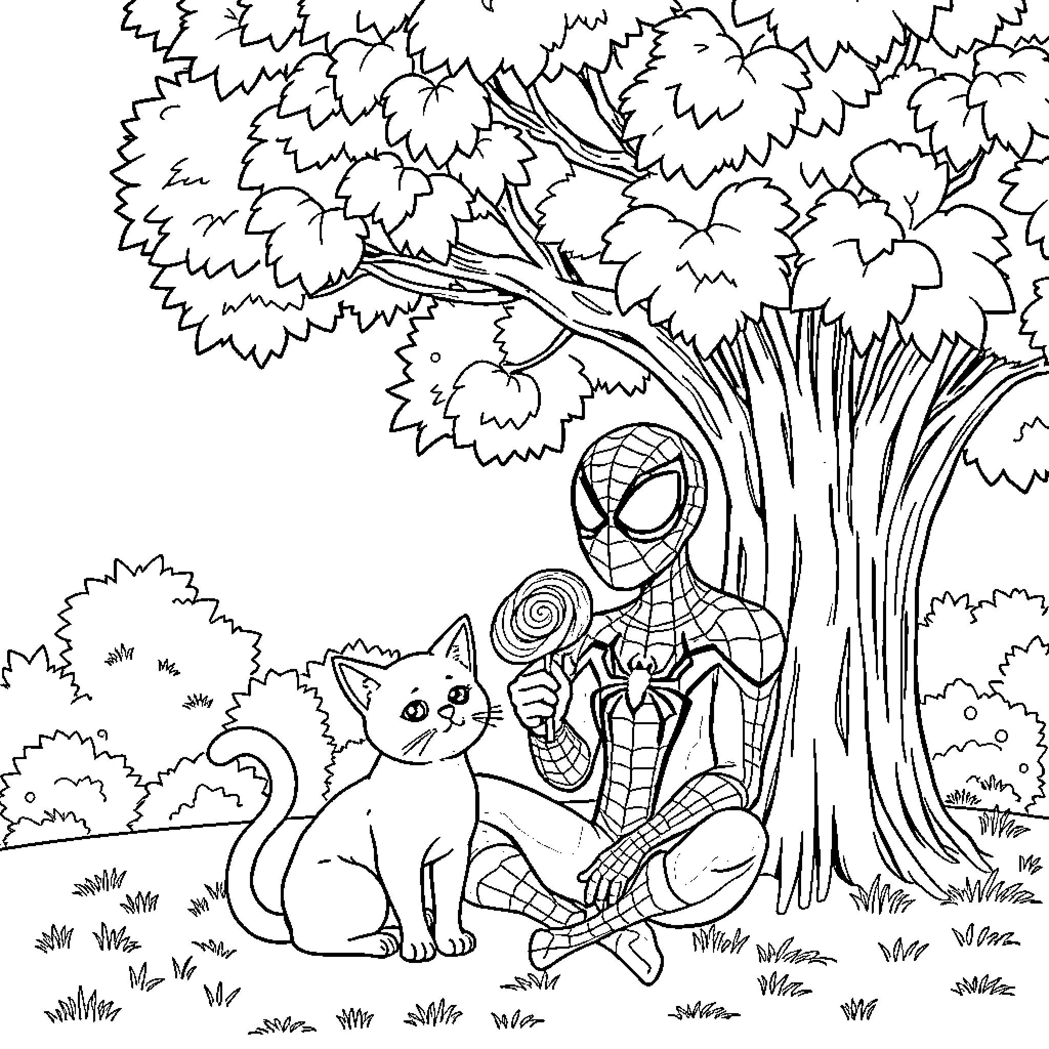 Spiderman interacts with a cat in the forest Coloring Page (free black-and-white line drawing printable PDF for all, from beginners to advanced learners, including children, teens, adults, and seniors)