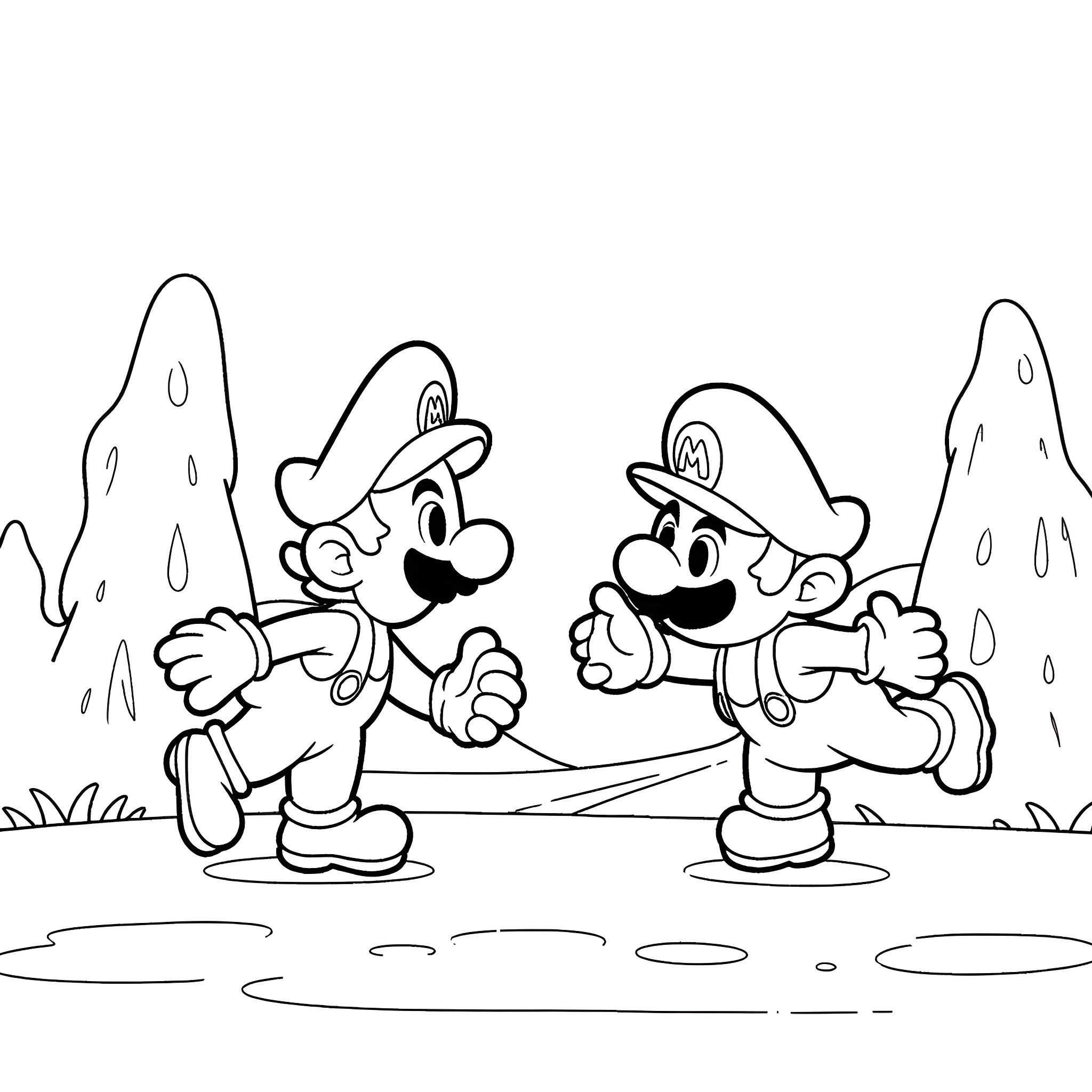 Mario and Luigi jumping through the Mushroom Kingdom Coloring Page (free black-and-white line drawing printable PDF for all, from beginners to advanced learners, including children, teens, adults, and seniors)