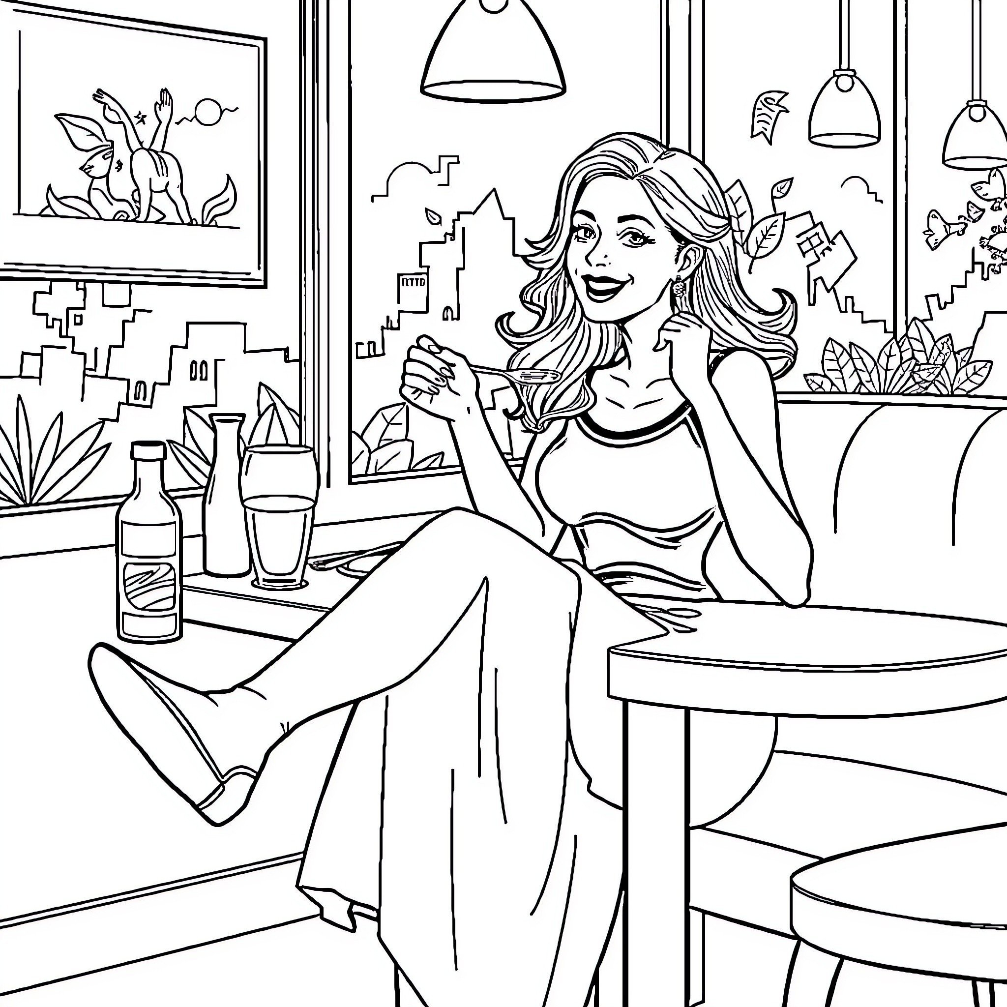 Woman enjoying a relaxing evening at home Coloring Page (free black-and-white line drawing printable PDF for all, from beginners to advanced learners, including children, teens, adults, and seniors)