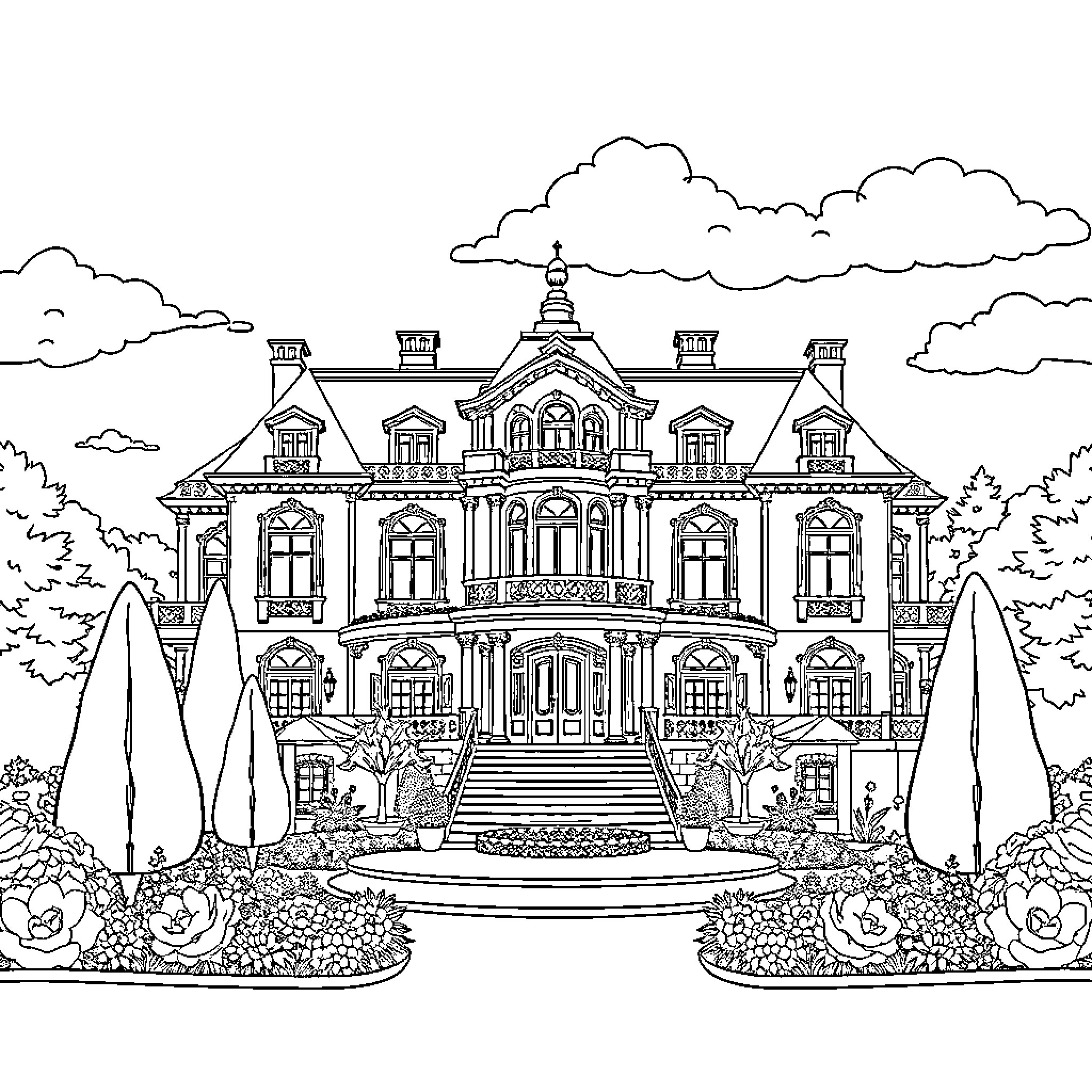 Mansion with intricate architecture and lush garden Coloring Page (free black-and-white line drawing printable PDF for all, from beginners to advanced learners, including children, teens, adults, and seniors)