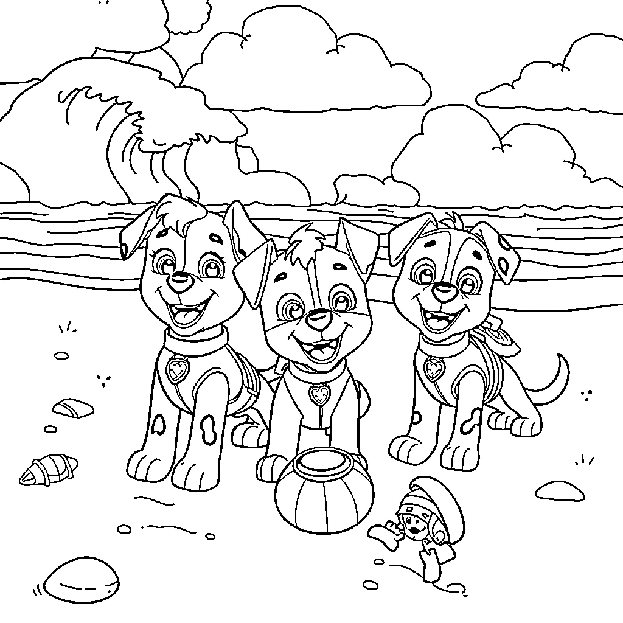 Paw Patrol Pups on the Beach Coloring Page (free black-and-white line drawing printable PDF for all, from beginners to advanced learners, including children, teens, adults, and seniors)